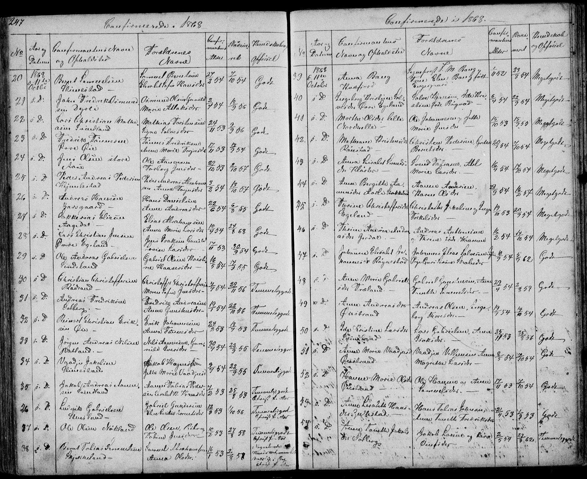 Kvinesdal sokneprestkontor, SAK/1111-0026/F/Fb/Fbb/L0001: Parish register (copy) no. B 1, 1852-1872, p. 247