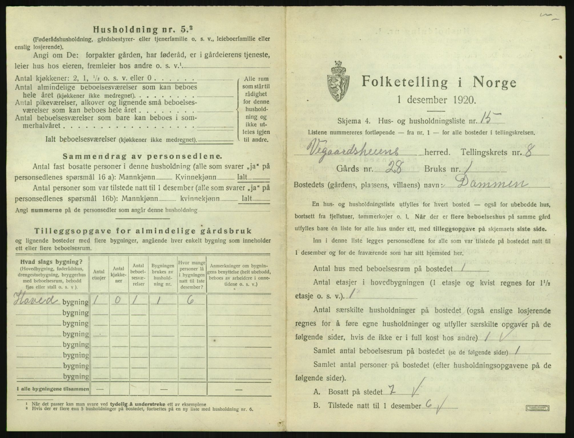 SAK, 1920 census for Vegårshei, 1920, p. 444