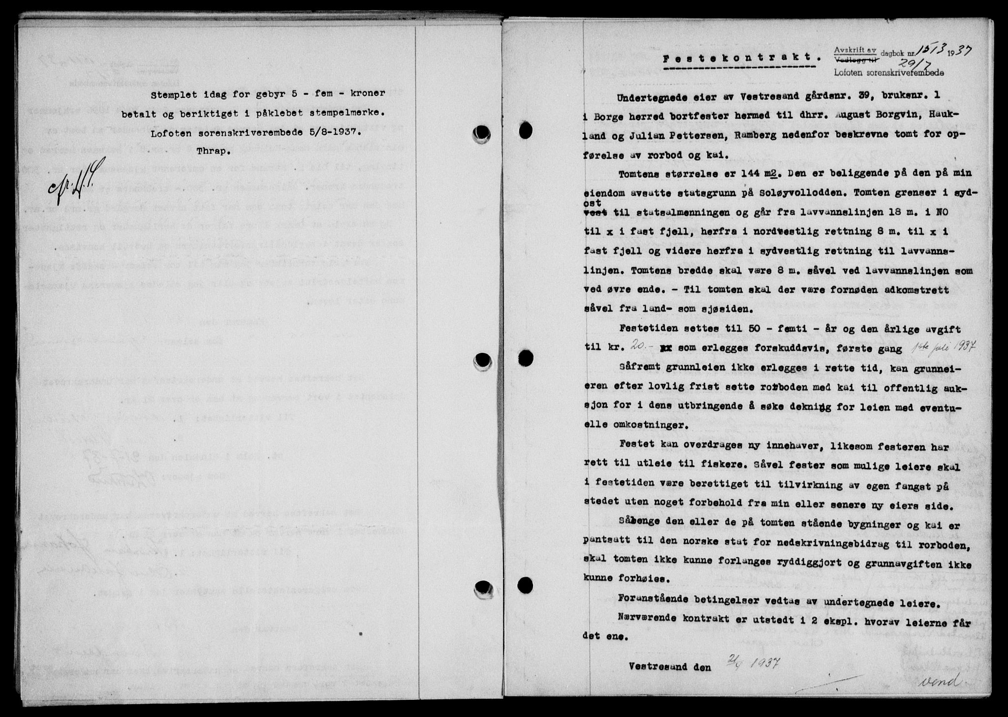 Lofoten sorenskriveri, SAT/A-0017/1/2/2C/L0002a: Mortgage book no. 2a, 1937-1937, Diary no: : 1513/1937