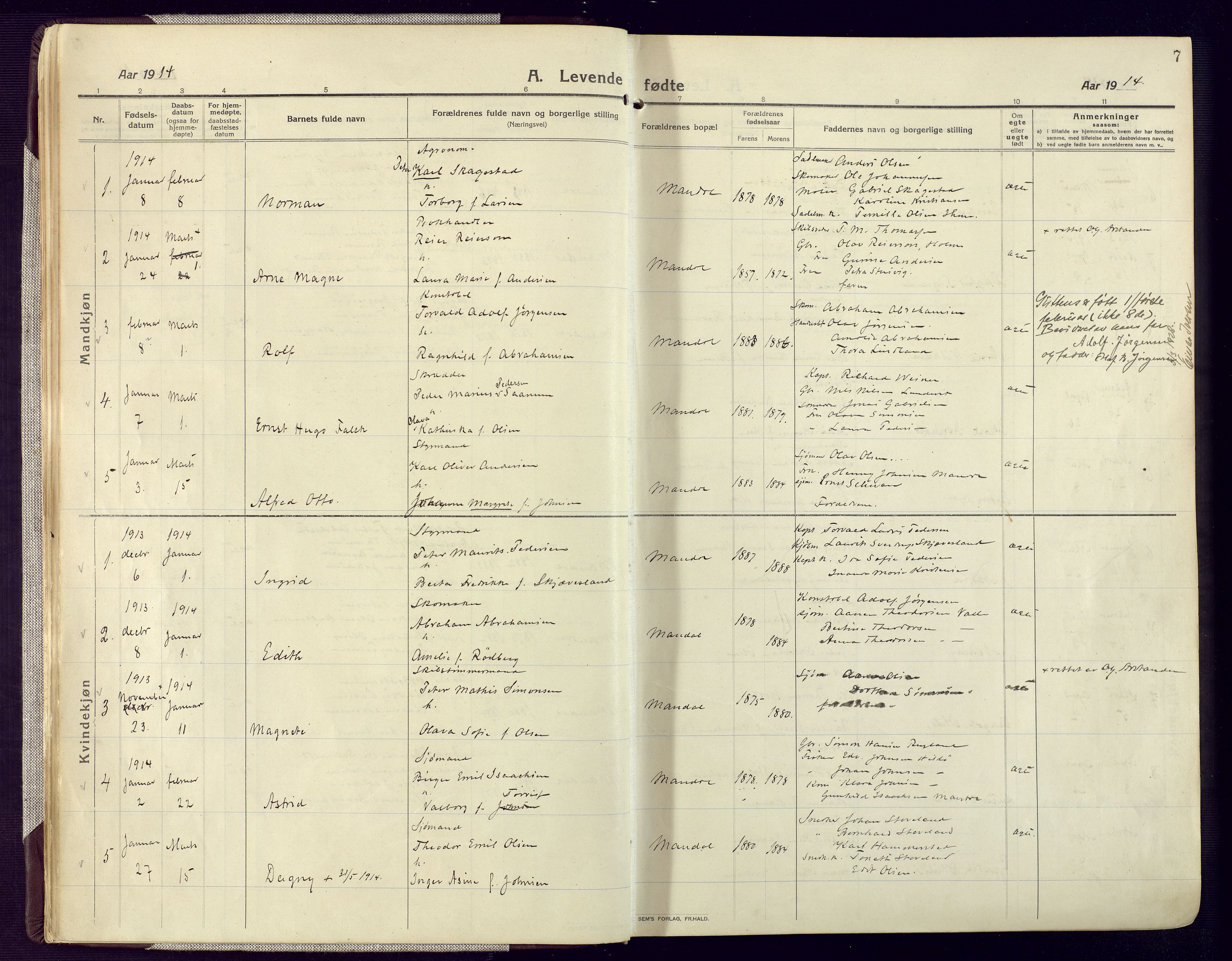 Mandal sokneprestkontor, SAK/1111-0030/F/Fa/Fac/L0001: Parish register (official) no. A 1, 1913-1925, p. 7