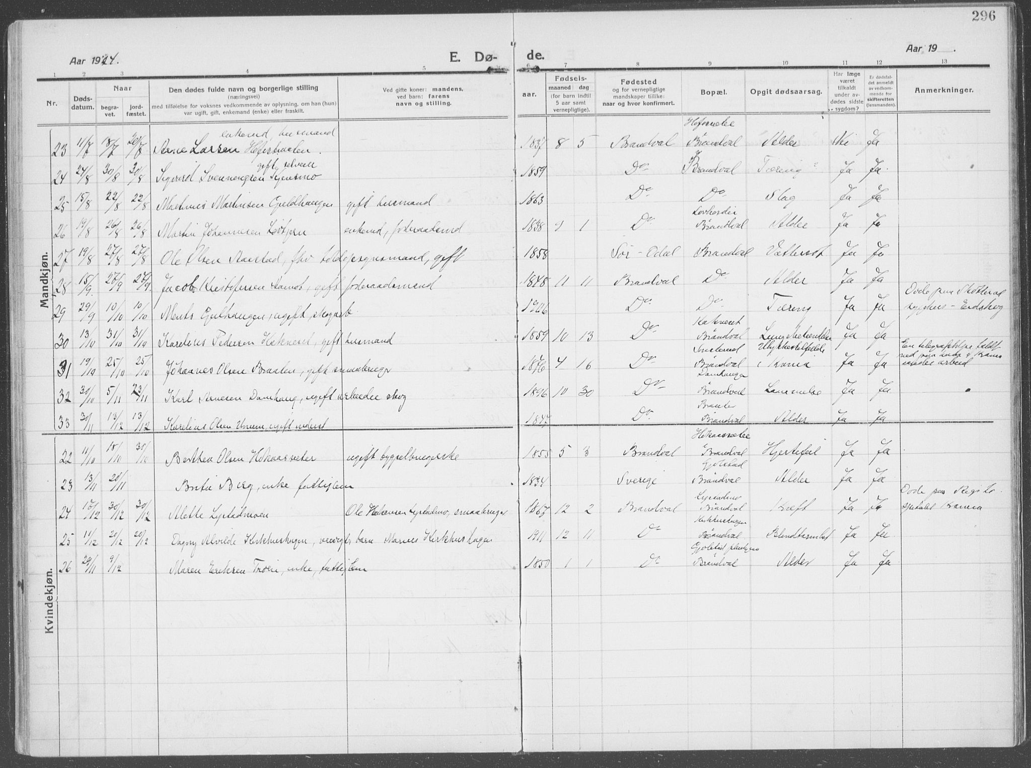 Brandval prestekontor, AV/SAH-PREST-034/H/Ha/Haa/L0004: Parish register (official) no. 4, 1910-1924, p. 296