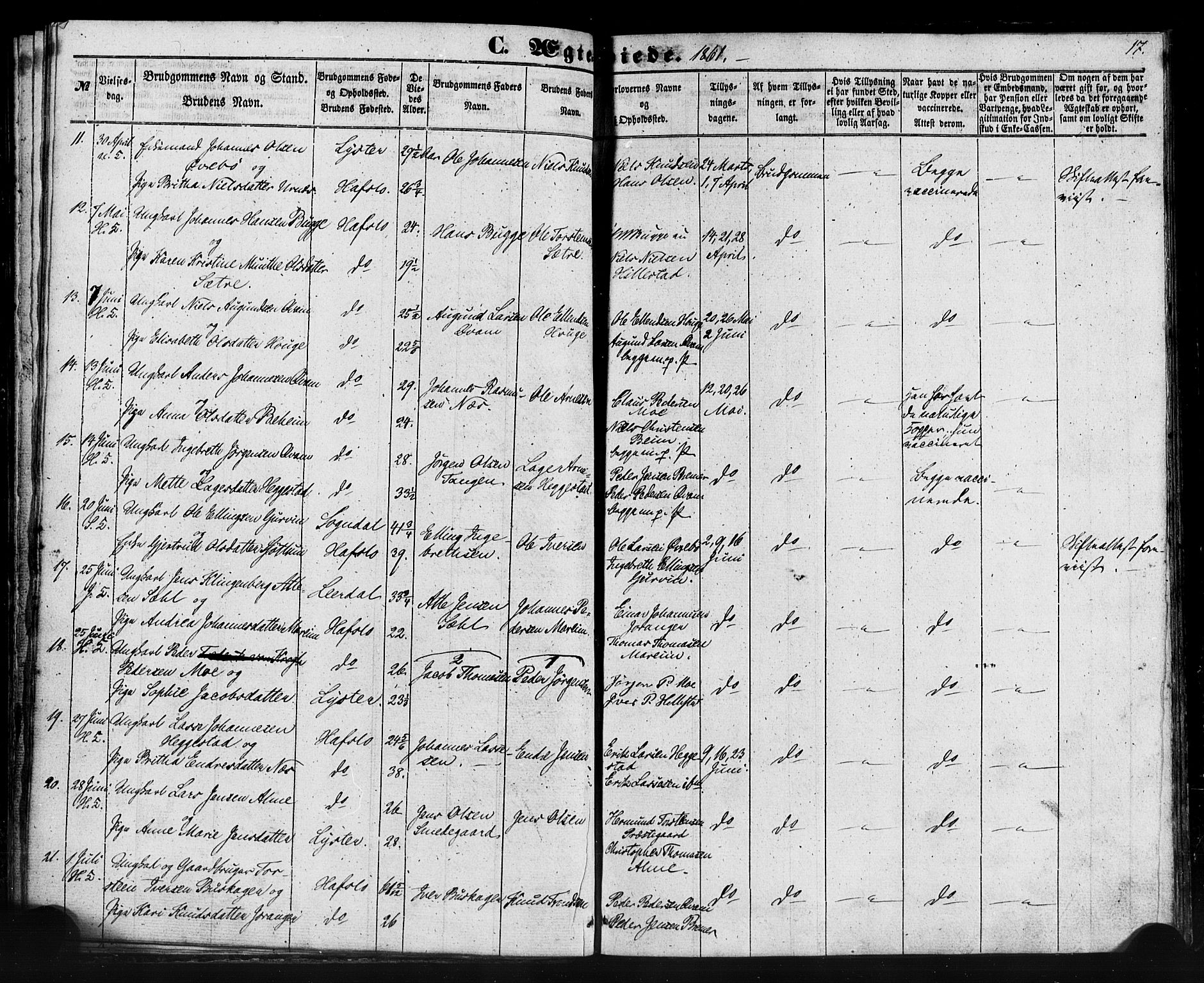 Hafslo sokneprestembete, AV/SAB-A-80301/H/Haa/Haaa/L0013: Parish register (official) no. A 13, 1854-1879, p. 17