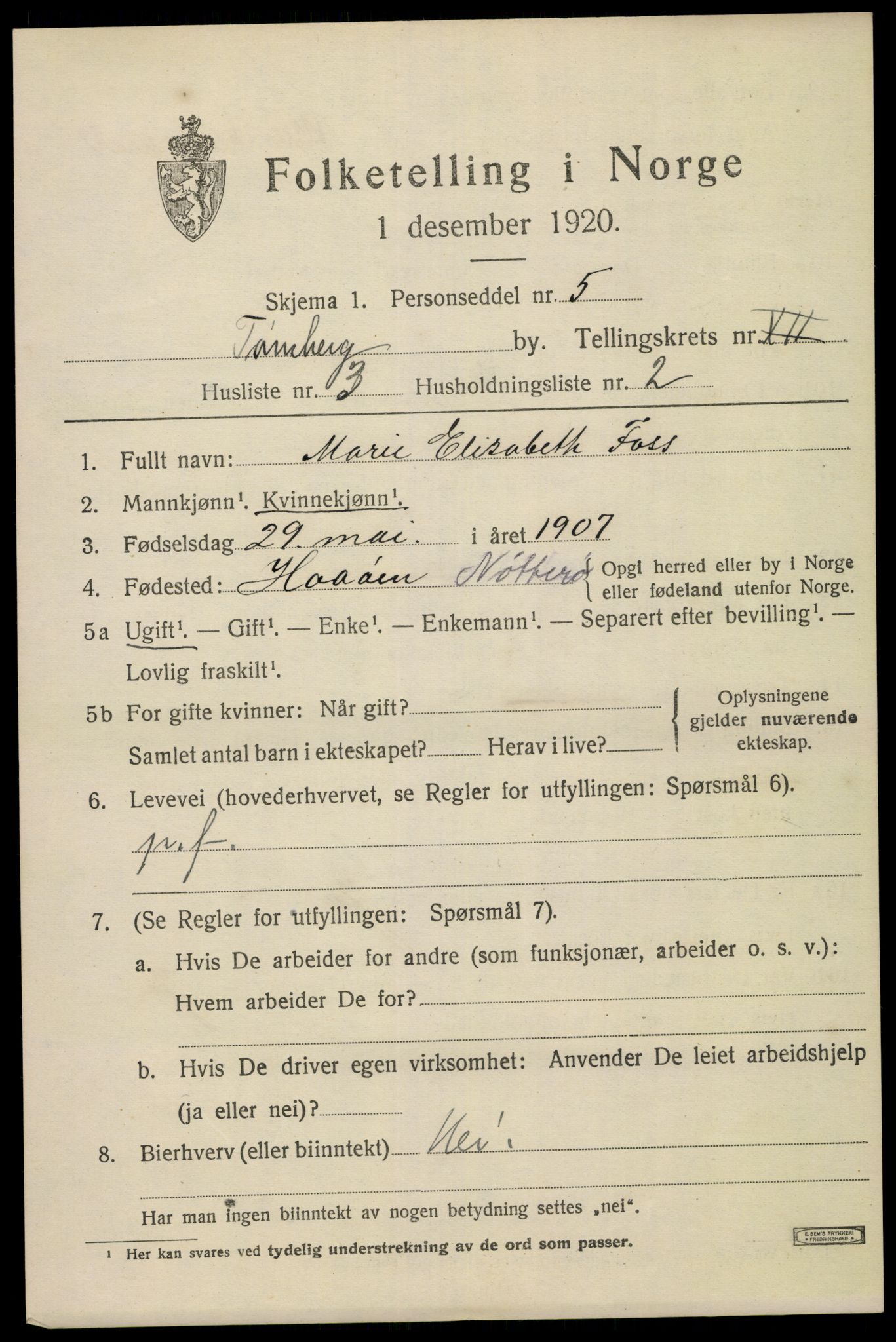 SAKO, 1920 census for Tønsberg, 1920, p. 20027