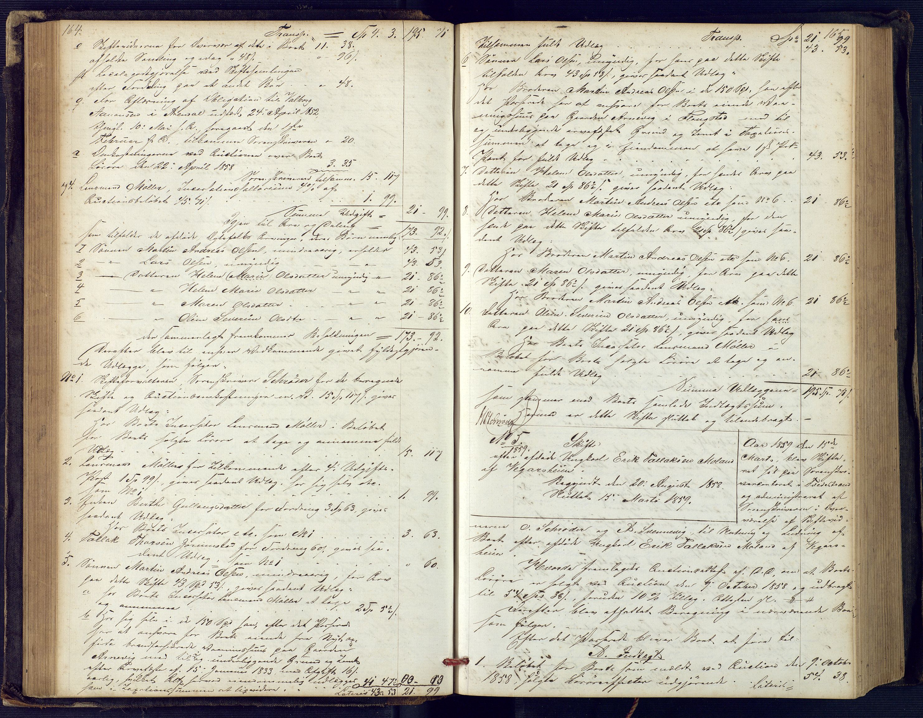 Holt sorenskriveri, SAK/1221-0002/H/Hc/L0029: Skifteutlodningsprotokoll nr. 4 med løst register, 1857-1862, p. 164-165
