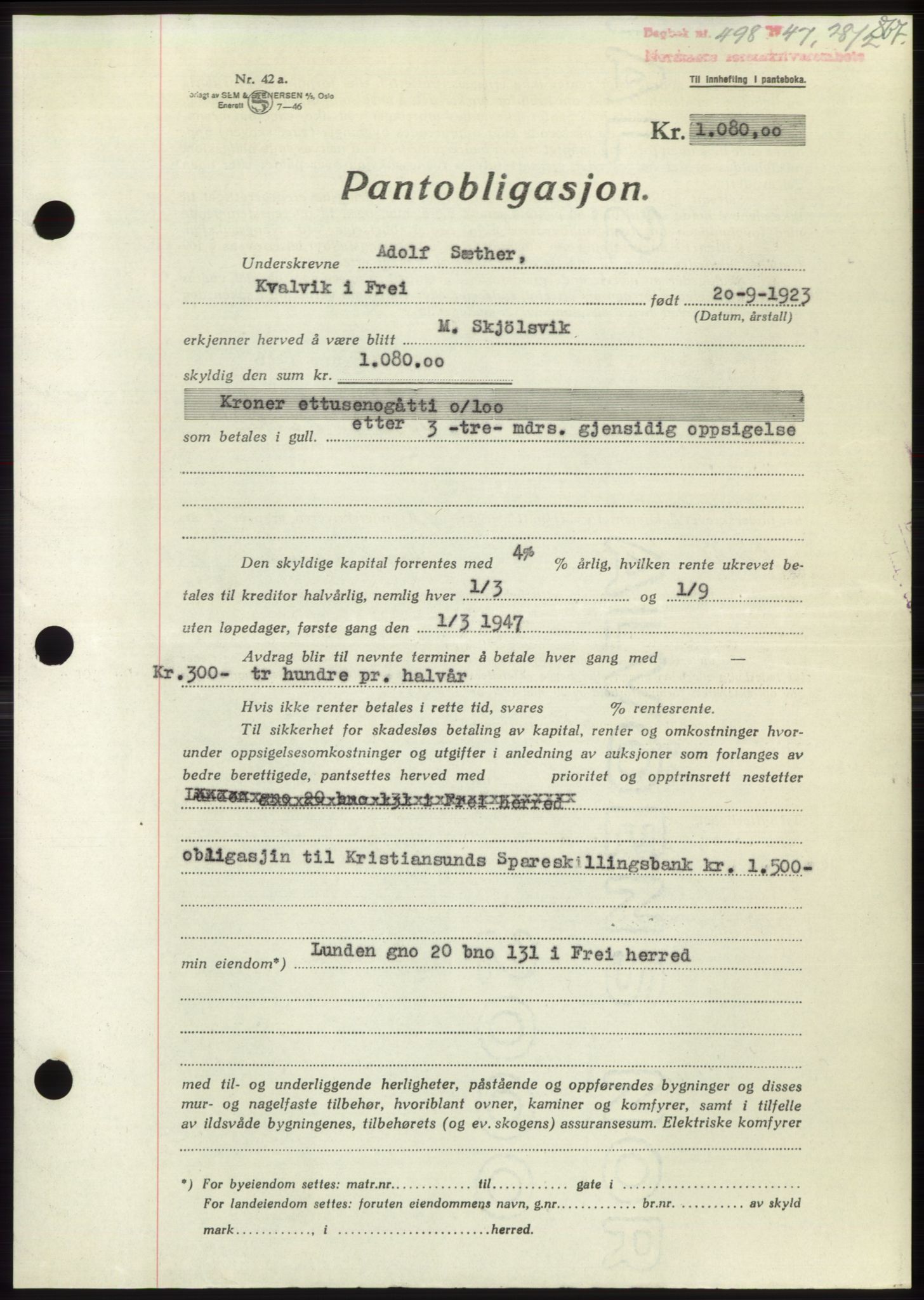 Nordmøre sorenskriveri, AV/SAT-A-4132/1/2/2Ca: Mortgage book no. B95, 1946-1947, Diary no: : 498/1947