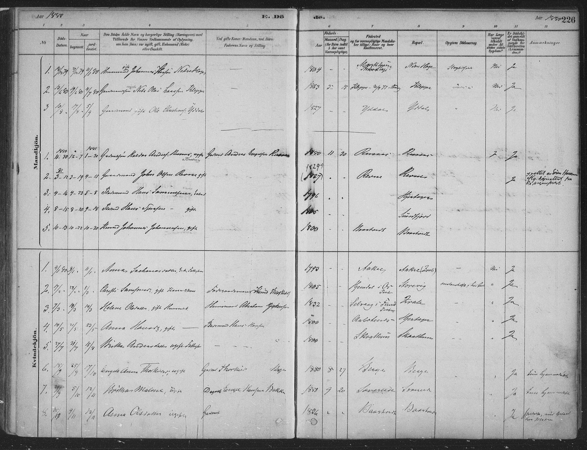 Fusa sokneprestembete, SAB/A-75401/H/Haa: Parish register (official) no. D 1, 1880-1938, p. 226