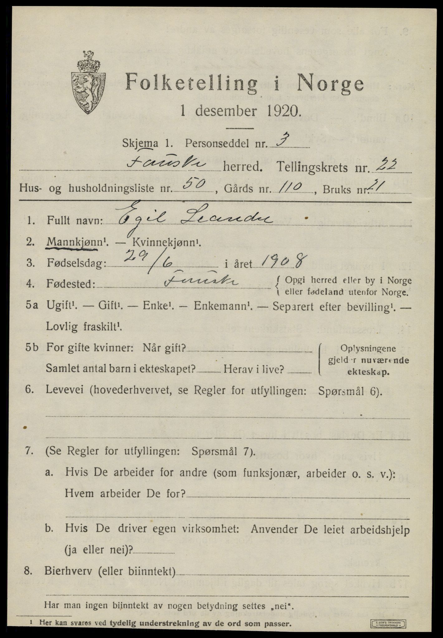 SAT, 1920 census for Fauske, 1920, p. 14160