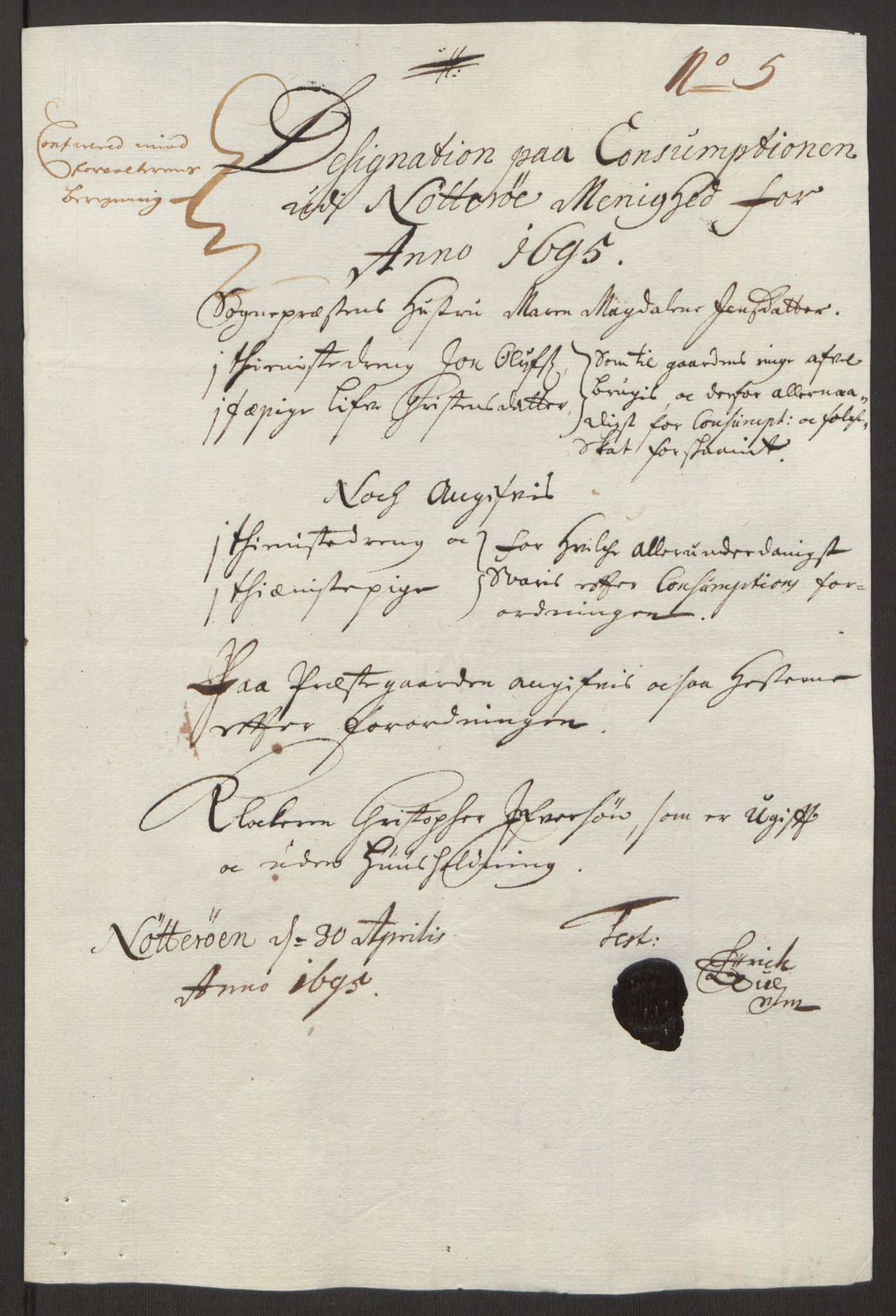 Rentekammeret inntil 1814, Reviderte regnskaper, Fogderegnskap, AV/RA-EA-4092/R32/L1867: Fogderegnskap Jarlsberg grevskap, 1694-1696, p. 161