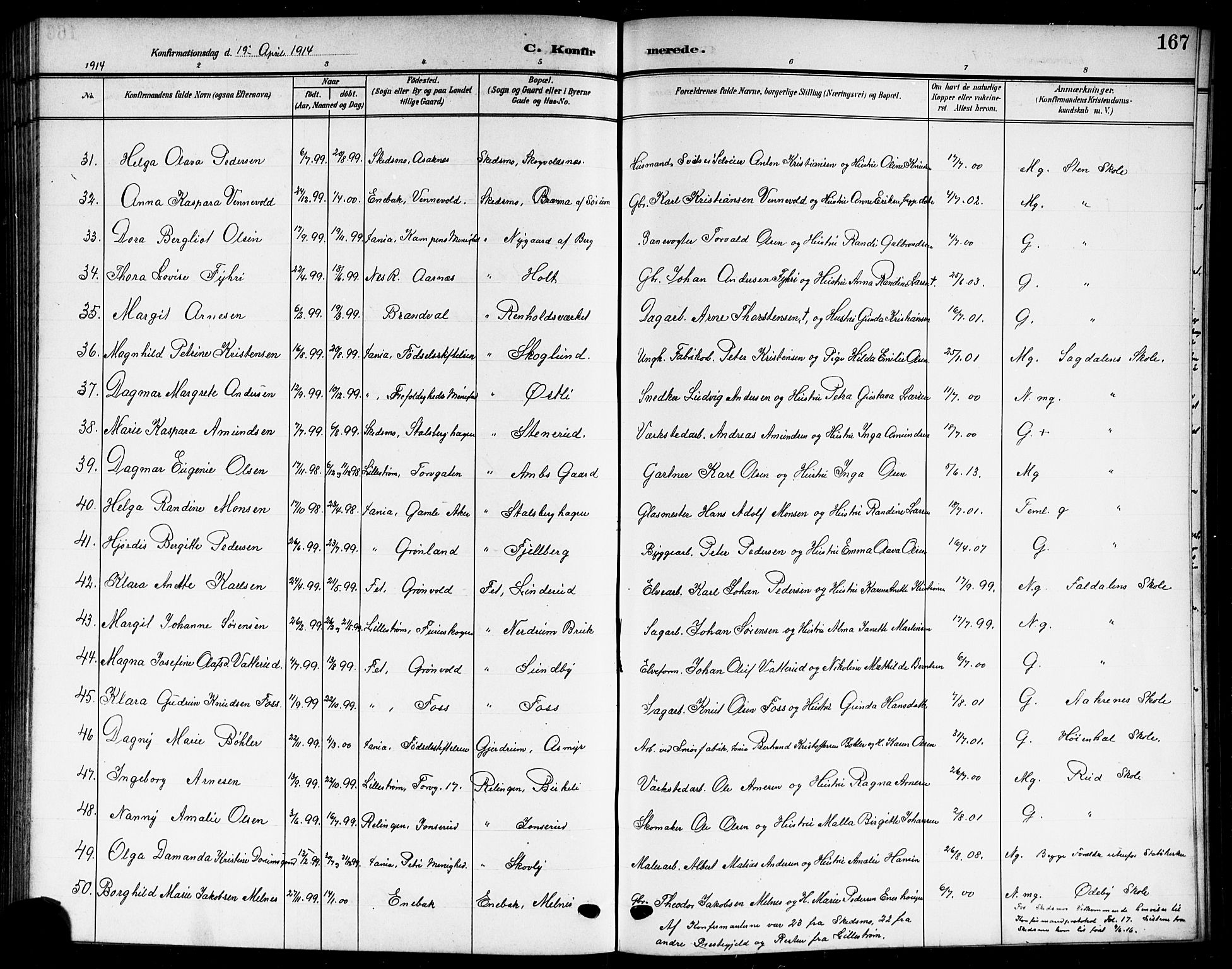 Skedsmo prestekontor Kirkebøker, SAO/A-10033a/G/Gc/L0001: Parish register (copy) no. III 1, 1908-1916, p. 167