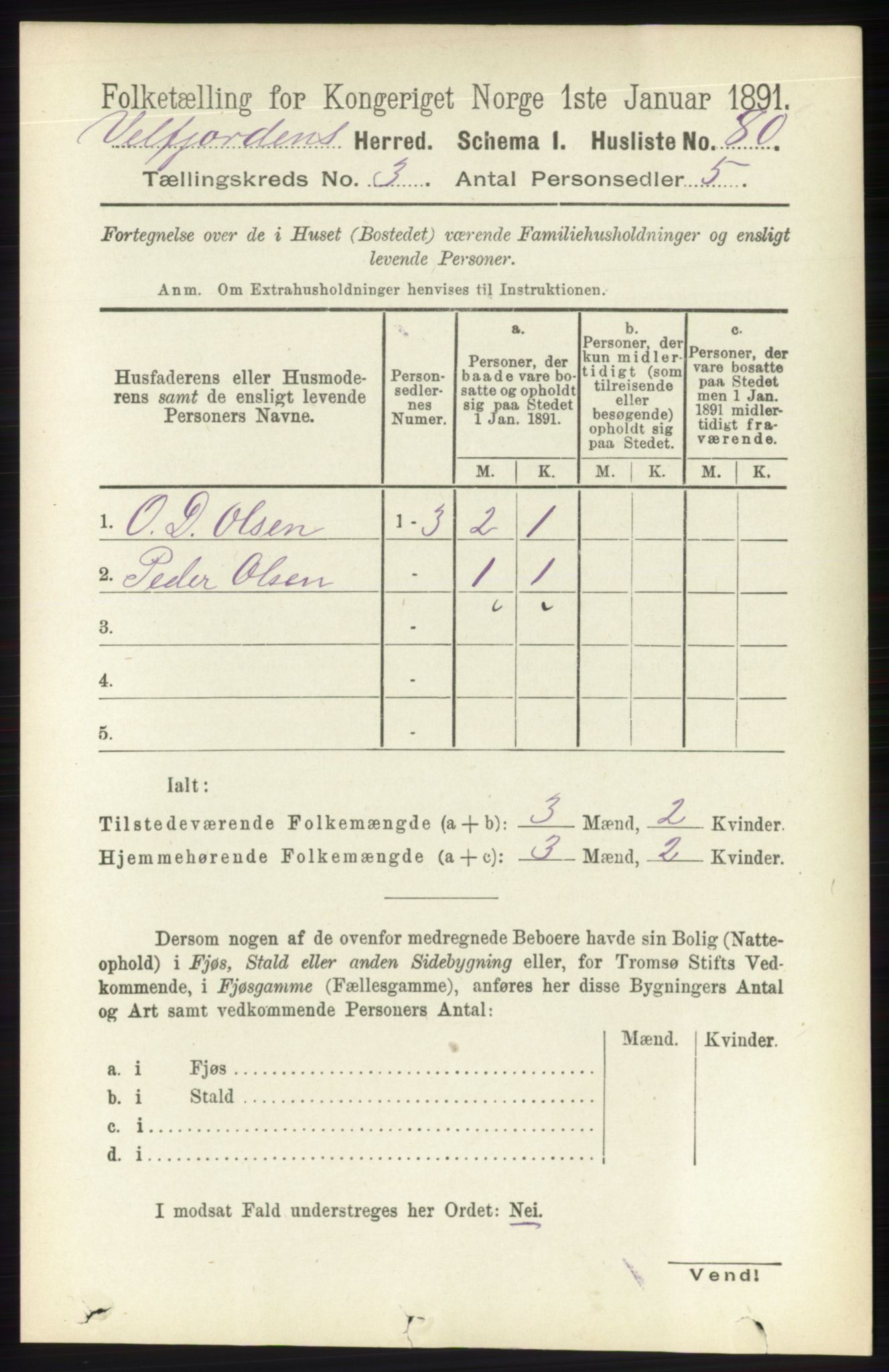 RA, 1891 census for 1813 Velfjord, 1891, p. 1020