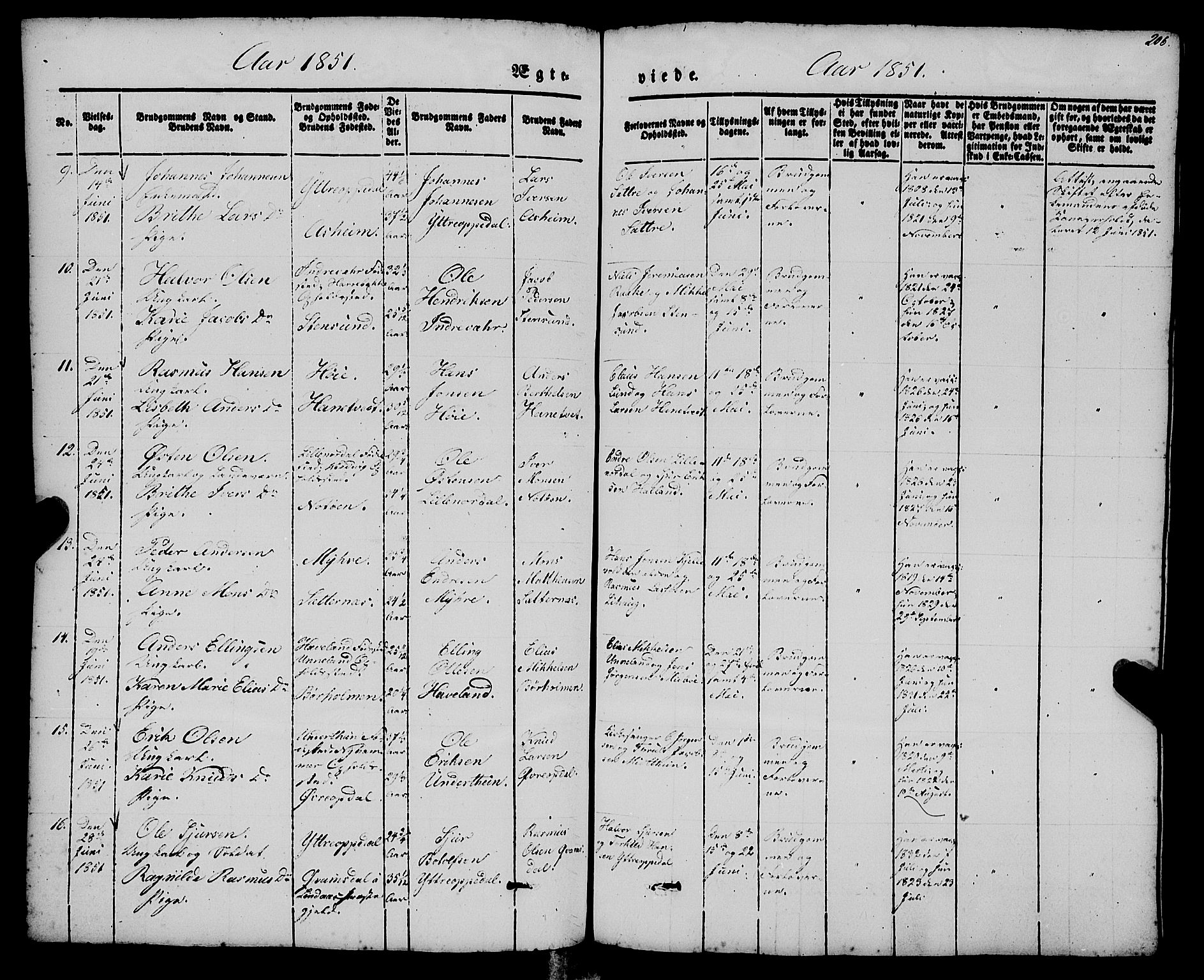 Gulen sokneprestembete, AV/SAB-A-80201/H/Haa/Haaa/L0021: Parish register (official) no. A 21, 1848-1858, p. 206