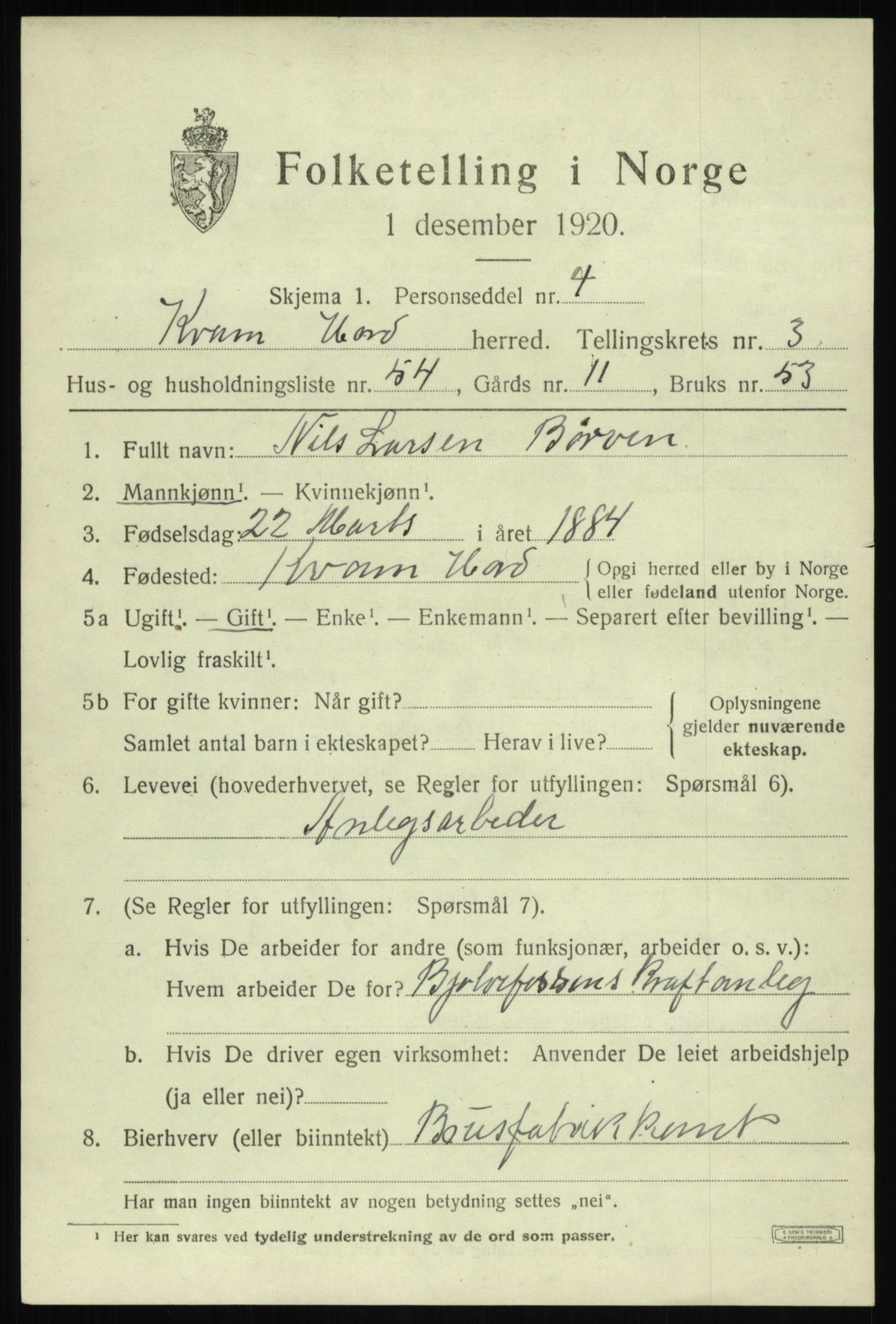 SAB, 1920 census for Kvam, 1920, p. 3225