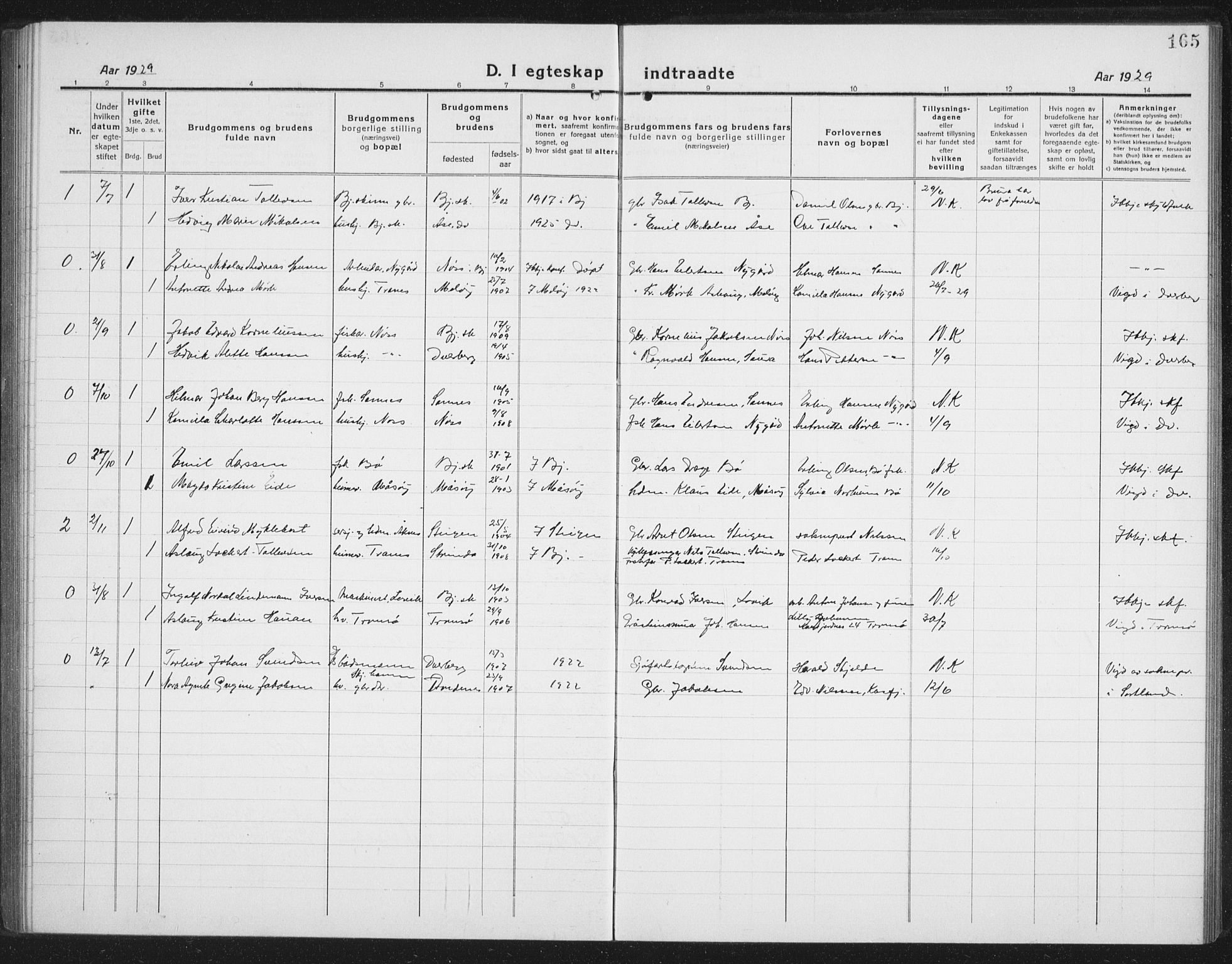 Ministerialprotokoller, klokkerbøker og fødselsregistre - Nordland, AV/SAT-A-1459/898/L1428: Parish register (copy) no. 898C03, 1918-1938, p. 165