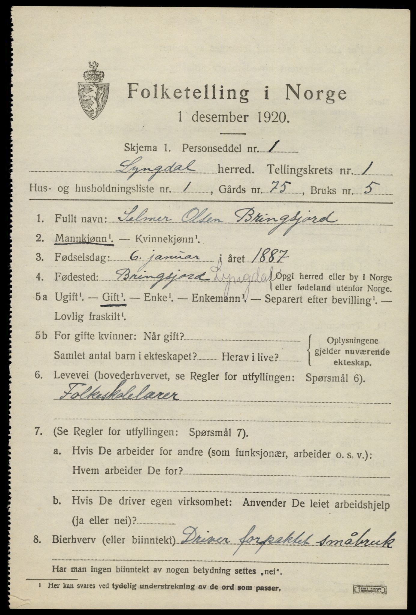 SAK, 1920 census for Lyngdal, 1920, p. 1323