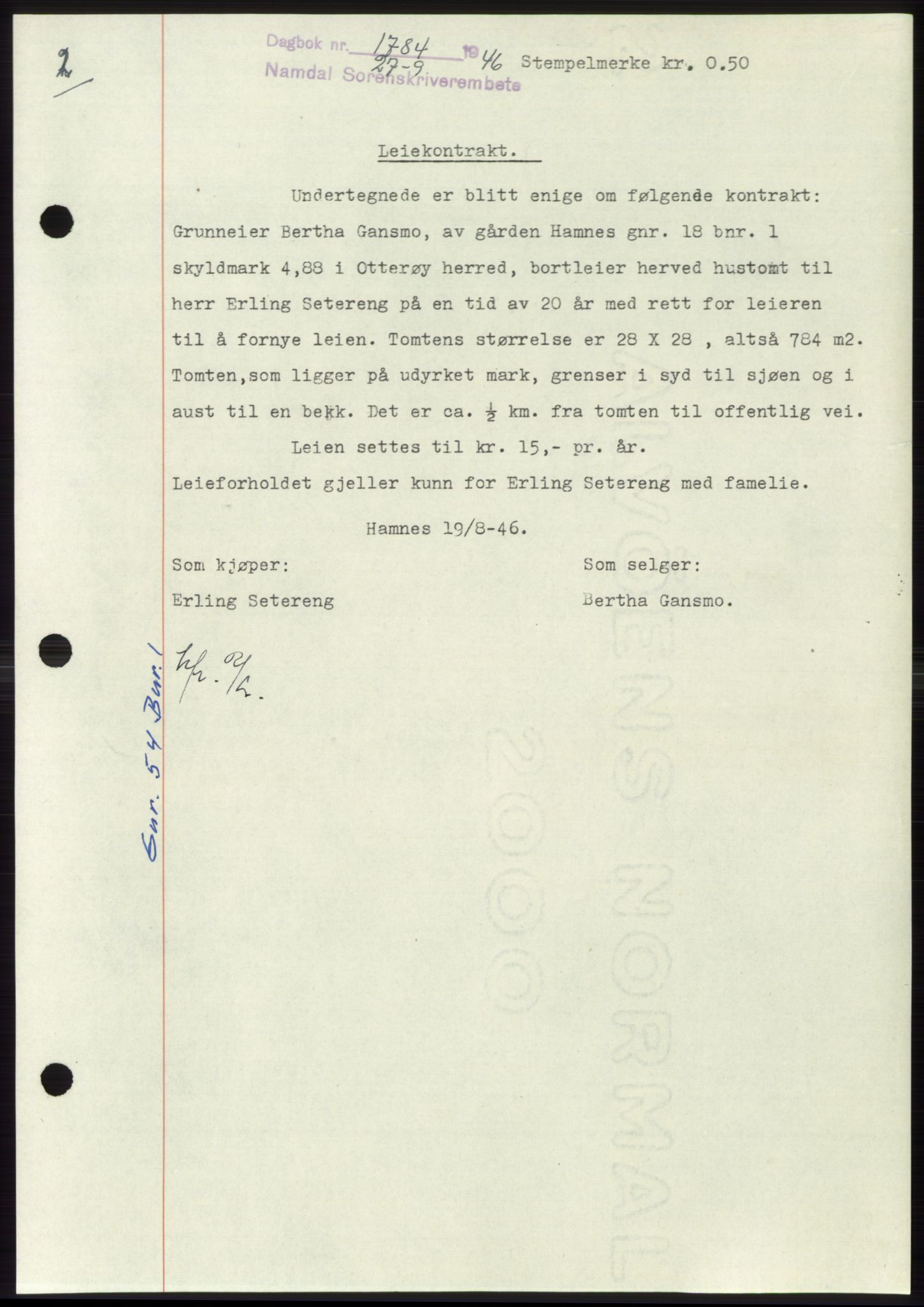 Namdal sorenskriveri, AV/SAT-A-4133/1/2/2C: Mortgage book no. -, 1946-1947, Diary no: : 1784/1946