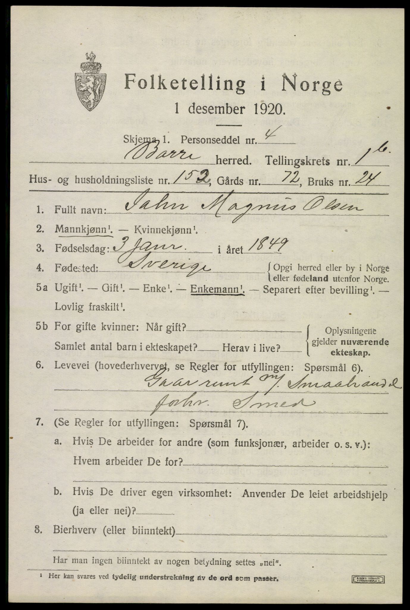 SAKO, 1920 census for Borre, 1920, p. 4176