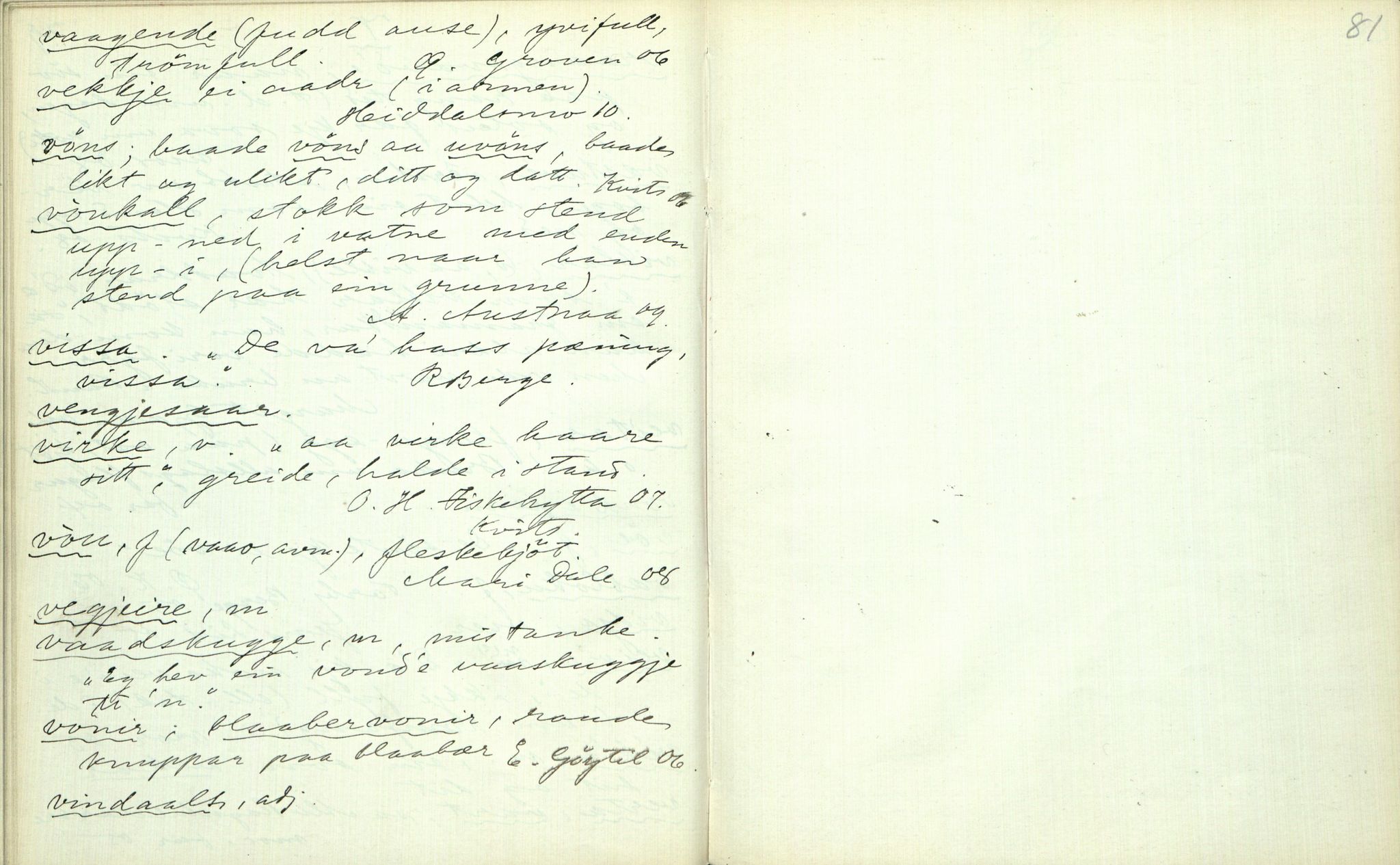 Rikard Berge, TEMU/TGM-A-1003/F/L0003/0002: 061-100 Innholdslister / 62 Ordsamling, 1910, p. 80-81