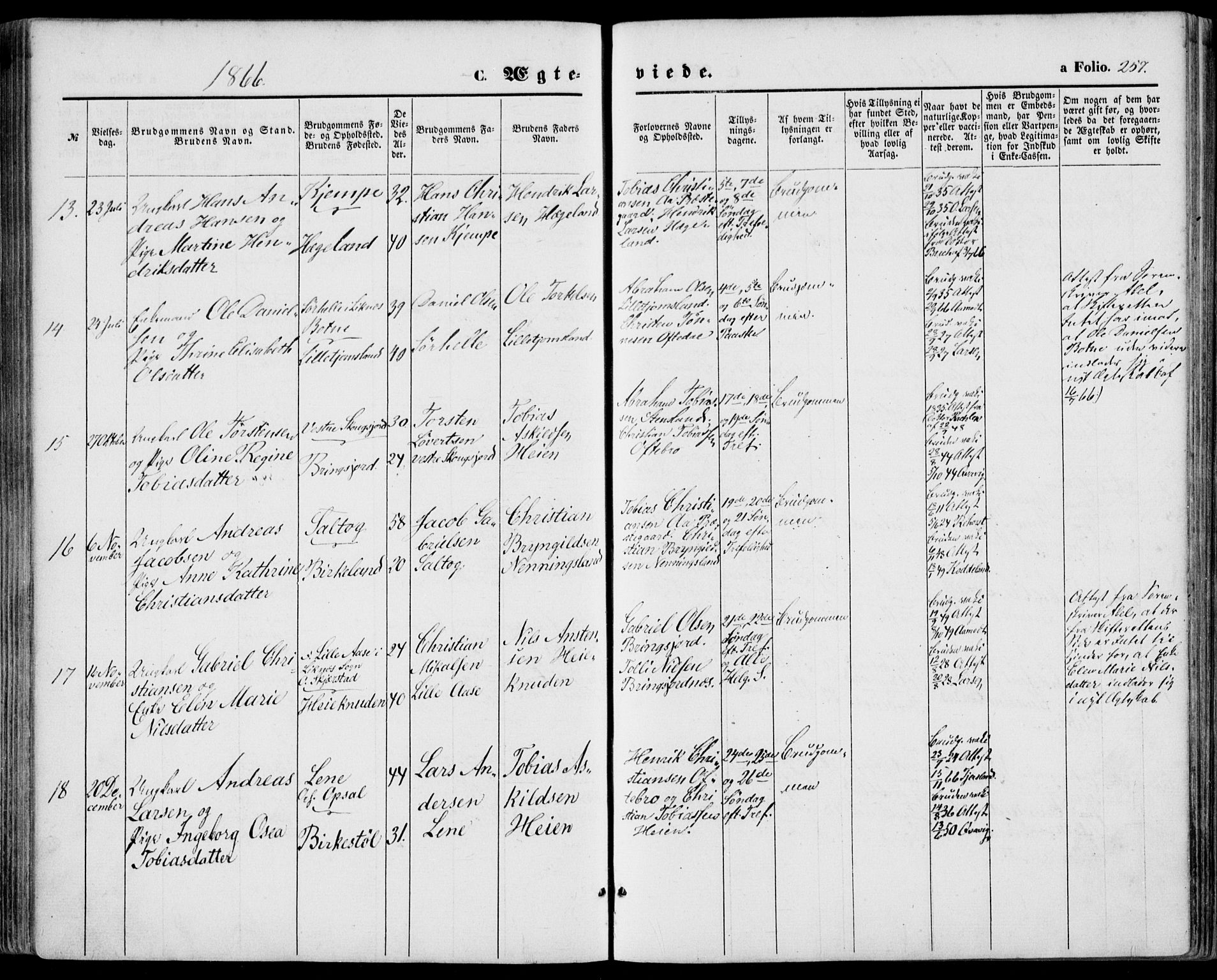 Lyngdal sokneprestkontor, AV/SAK-1111-0029/F/Fa/Fac/L0010: Parish register (official) no. A 10, 1865-1878, p. 257