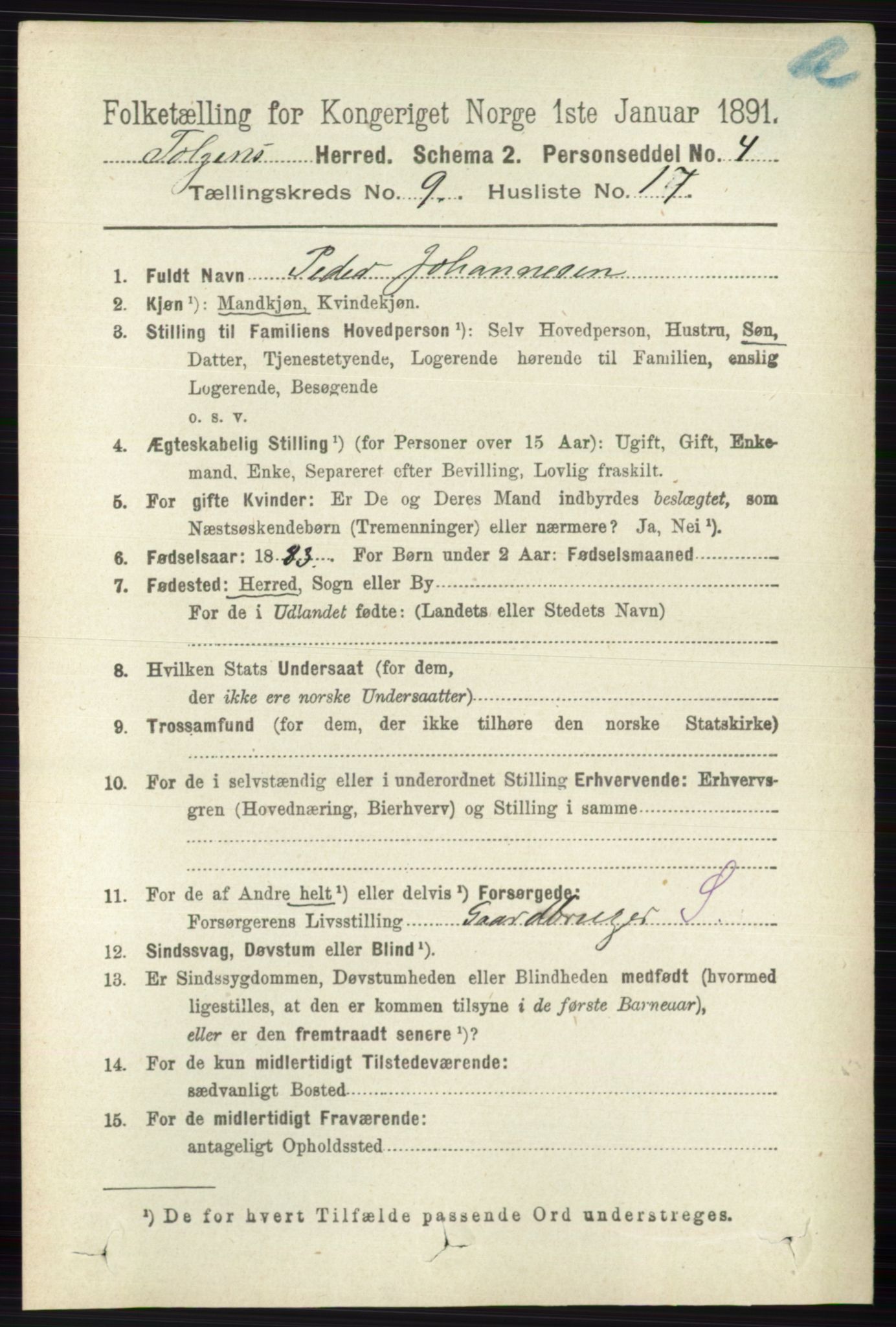 RA, 1891 census for 0436 Tolga, 1891, p. 2617