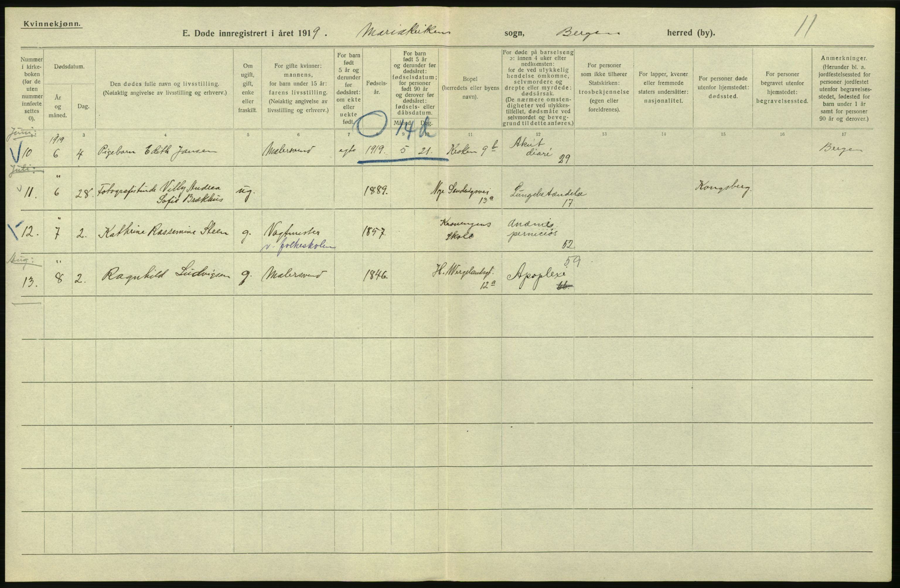 Statistisk sentralbyrå, Sosiodemografiske emner, Befolkning, AV/RA-S-2228/D/Df/Dfb/Dfbi/L0035: Bergen: Gifte, døde, dødfødte., 1919, p. 540