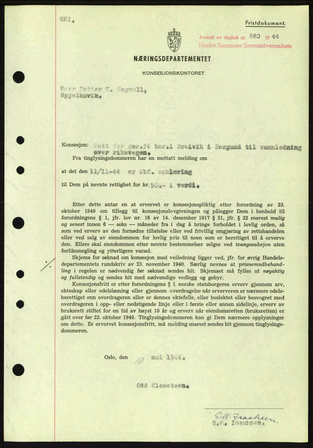 Nordre Sunnmøre sorenskriveri, SAT/A-0006/1/2/2C/2Ca: Mortgage book no. B6-14 a, 1942-1945, Diary no: : 583/1944