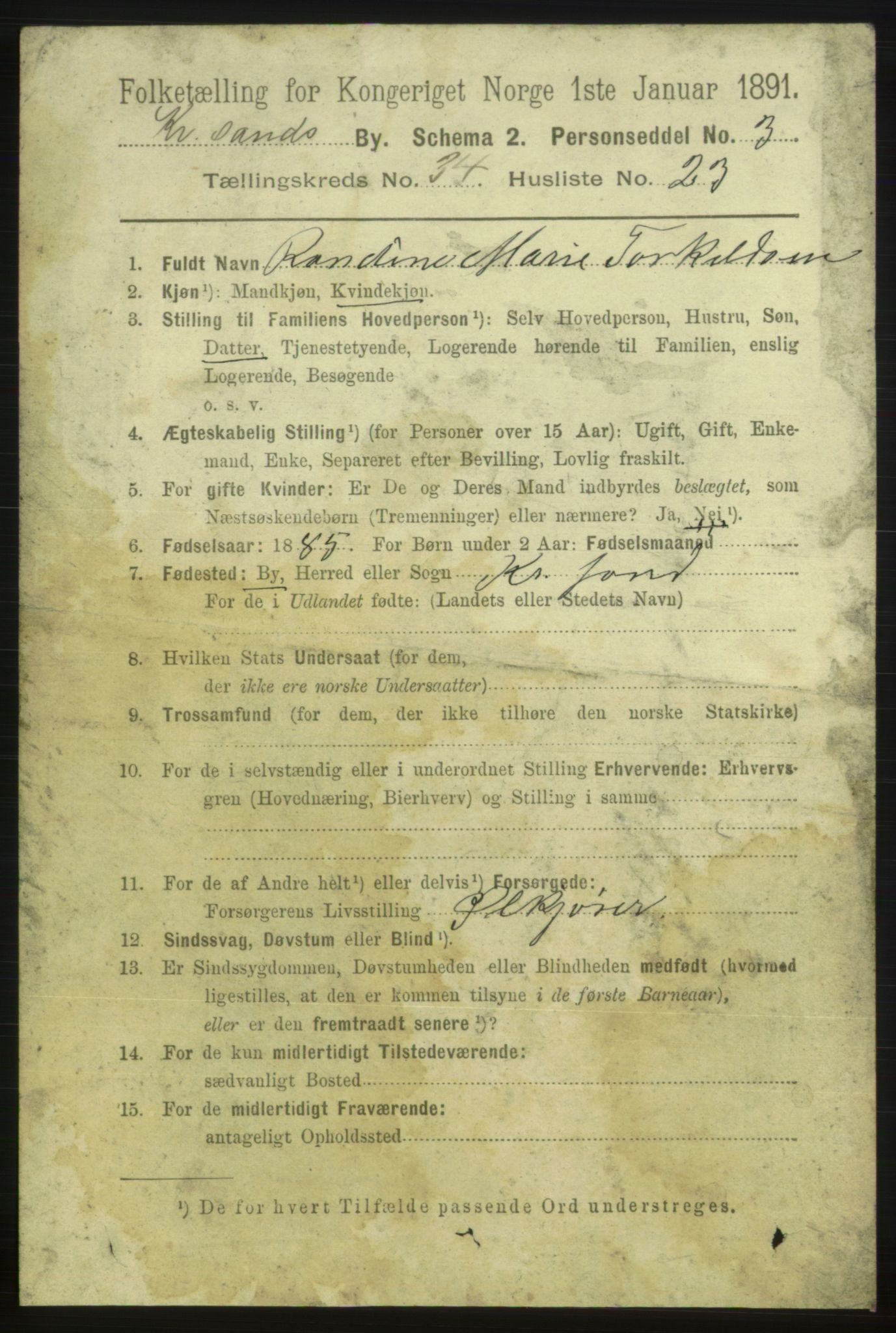 RA, 1891 census for 1001 Kristiansand, 1891, p. 11008