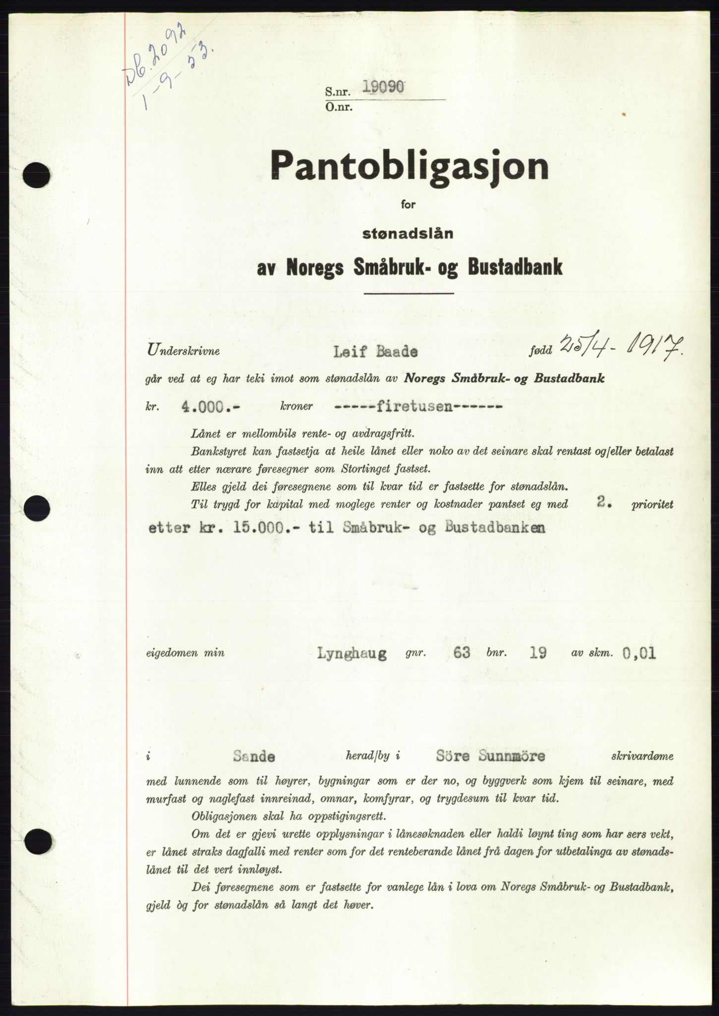 Søre Sunnmøre sorenskriveri, AV/SAT-A-4122/1/2/2C/L0123: Mortgage book no. 11B, 1953-1953, Diary no: : 2092/1953