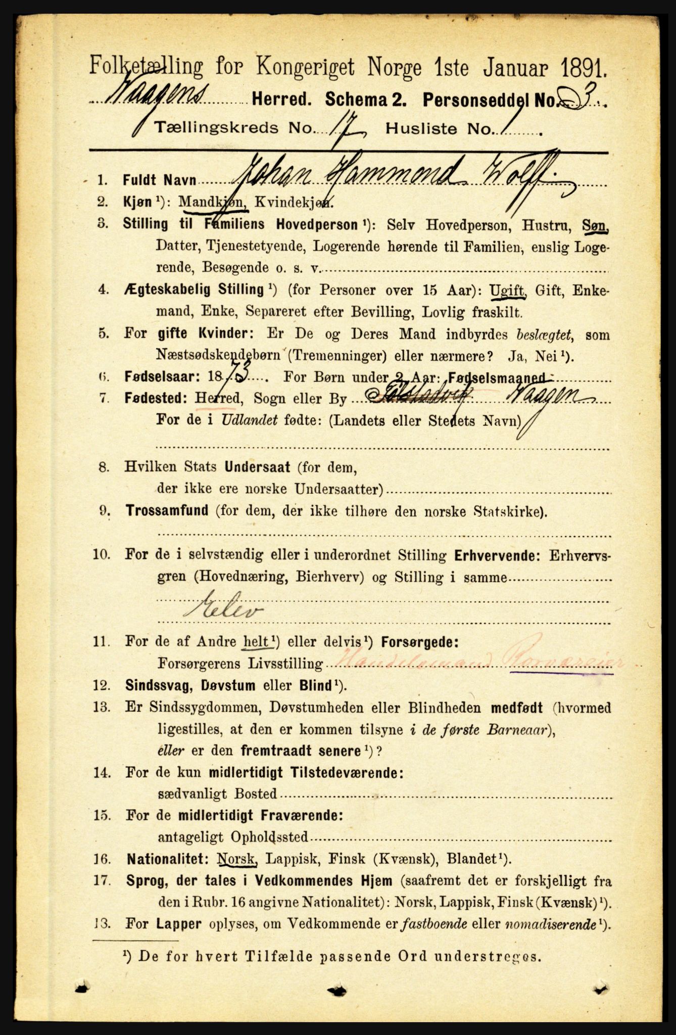 RA, 1891 census for 1865 Vågan, 1891, p. 4920