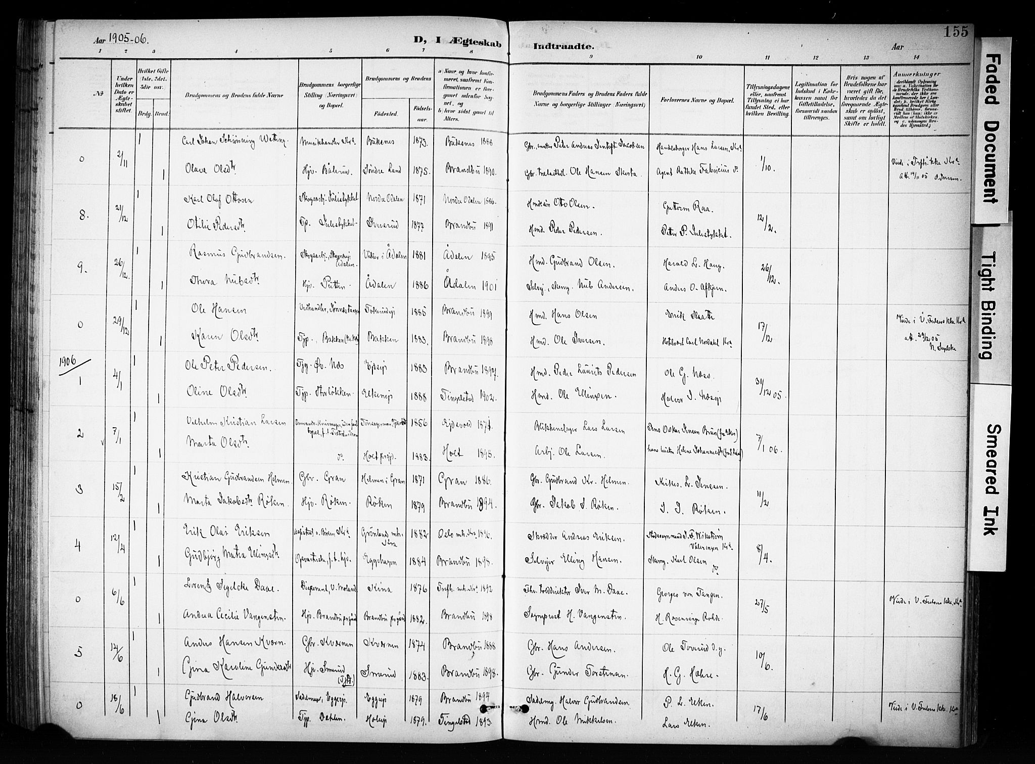 Brandbu prestekontor, SAH/PREST-114/H/Ha/Haa/L0001: Parish register (official) no. 1, 1900-1912, p. 155