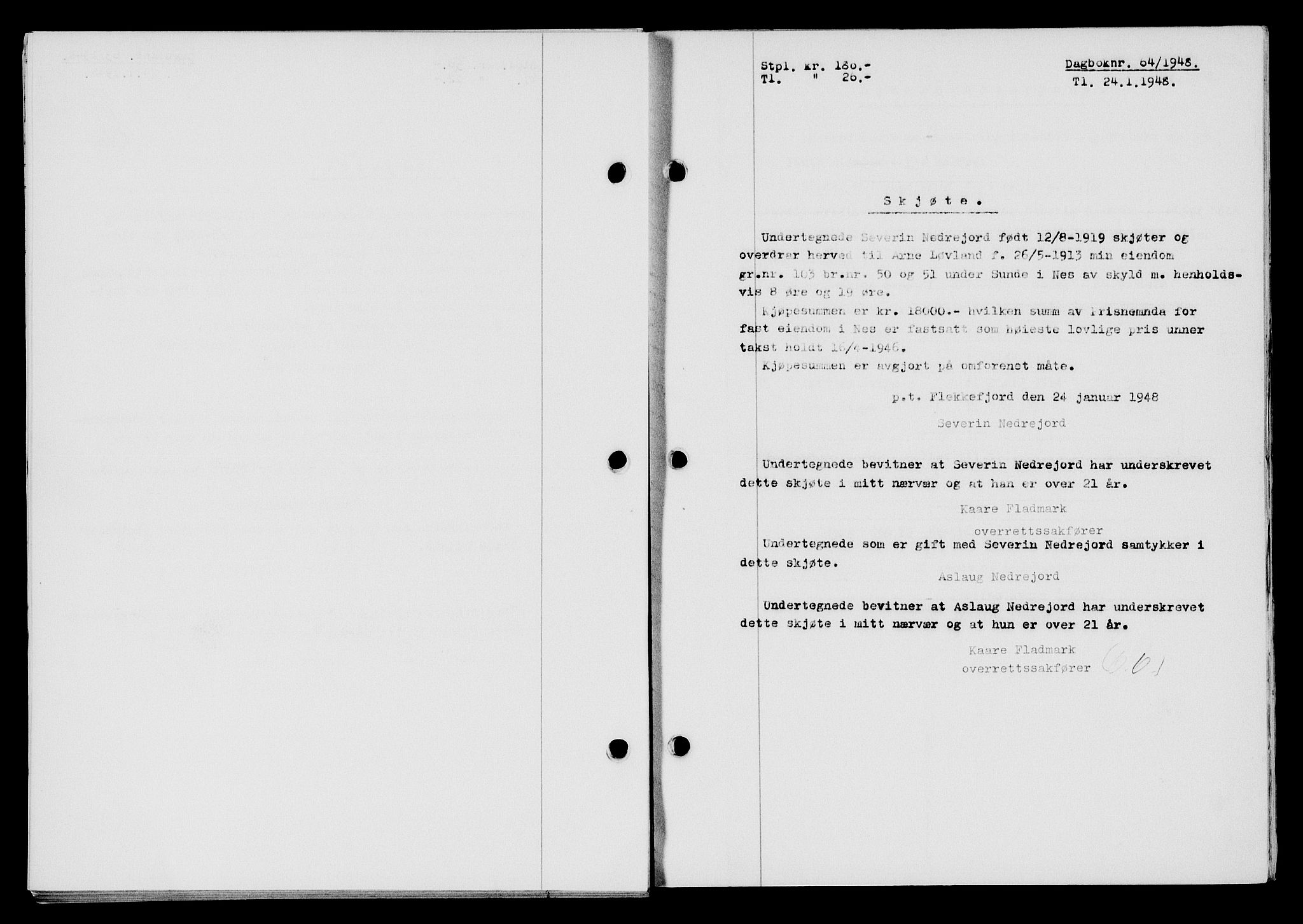 Flekkefjord sorenskriveri, SAK/1221-0001/G/Gb/Gba/L0063: Mortgage book no. A-11, 1947-1948, Diary no: : 64/1948