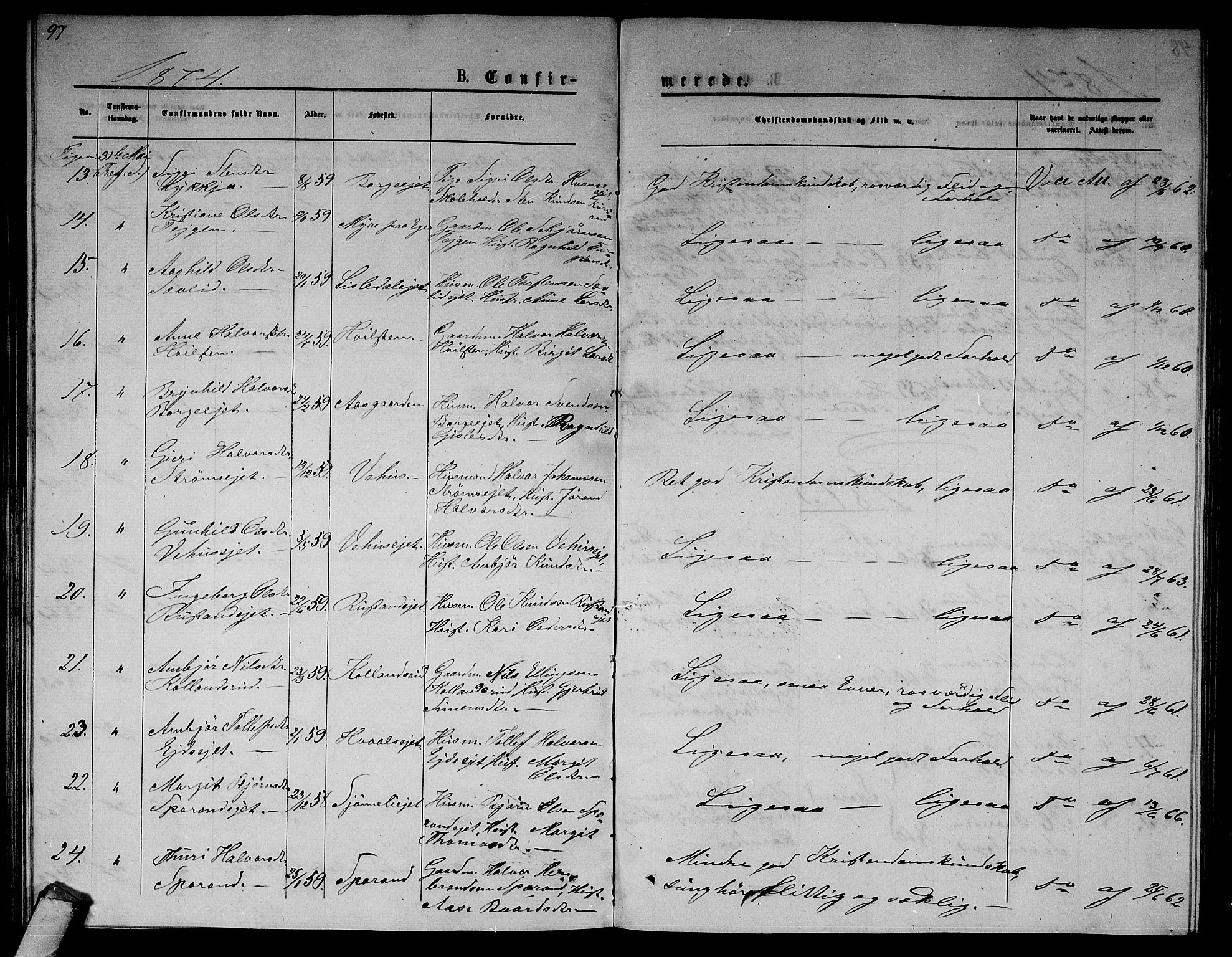 Nore kirkebøker, AV/SAKO-A-238/G/Ga/L0001: Parish register (copy) no. I 1, 1872-1877, p. 97