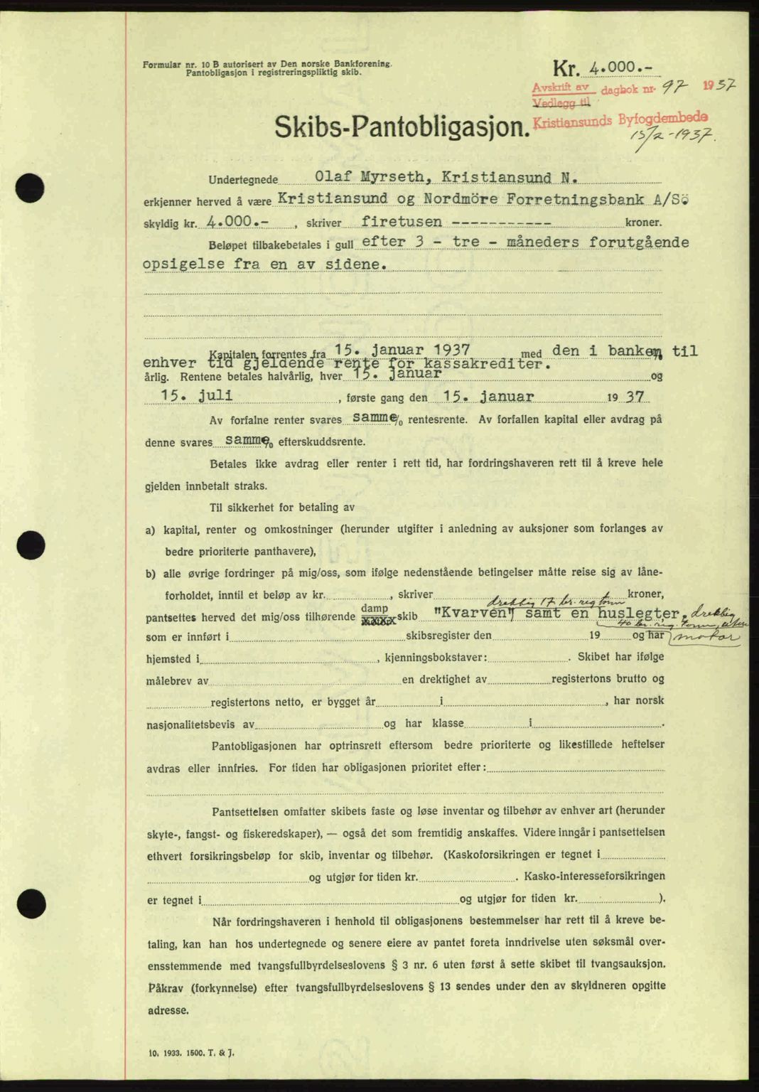 Kristiansund byfogd, AV/SAT-A-4587/A/27: Mortgage book no. 29, 1936-1937, Diary no: : 97/1937