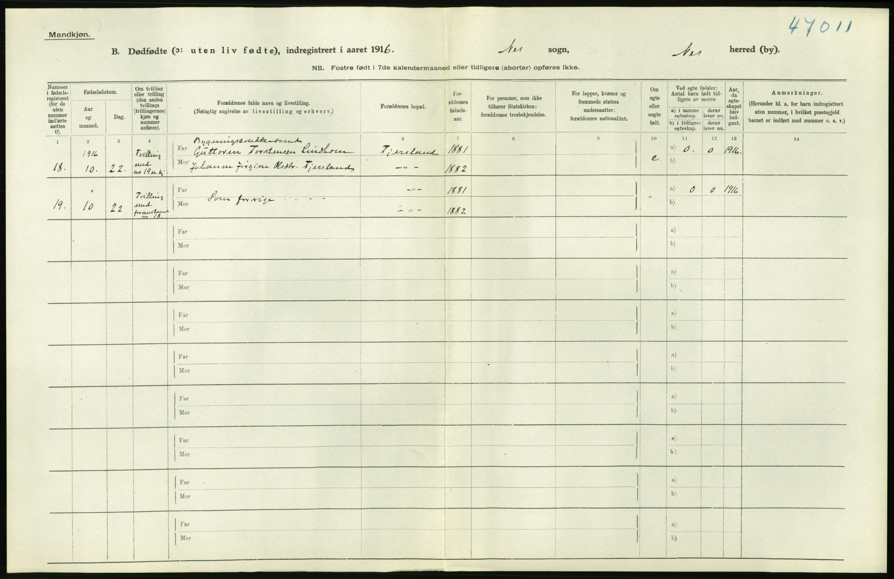 Statistisk sentralbyrå, Sosiodemografiske emner, Befolkning, AV/RA-S-2228/D/Df/Dfb/Dfbf/L0028: Lister og Mandals amt: Gifte, døde, dødfødte. Bygder og byer., 1916, p. 510