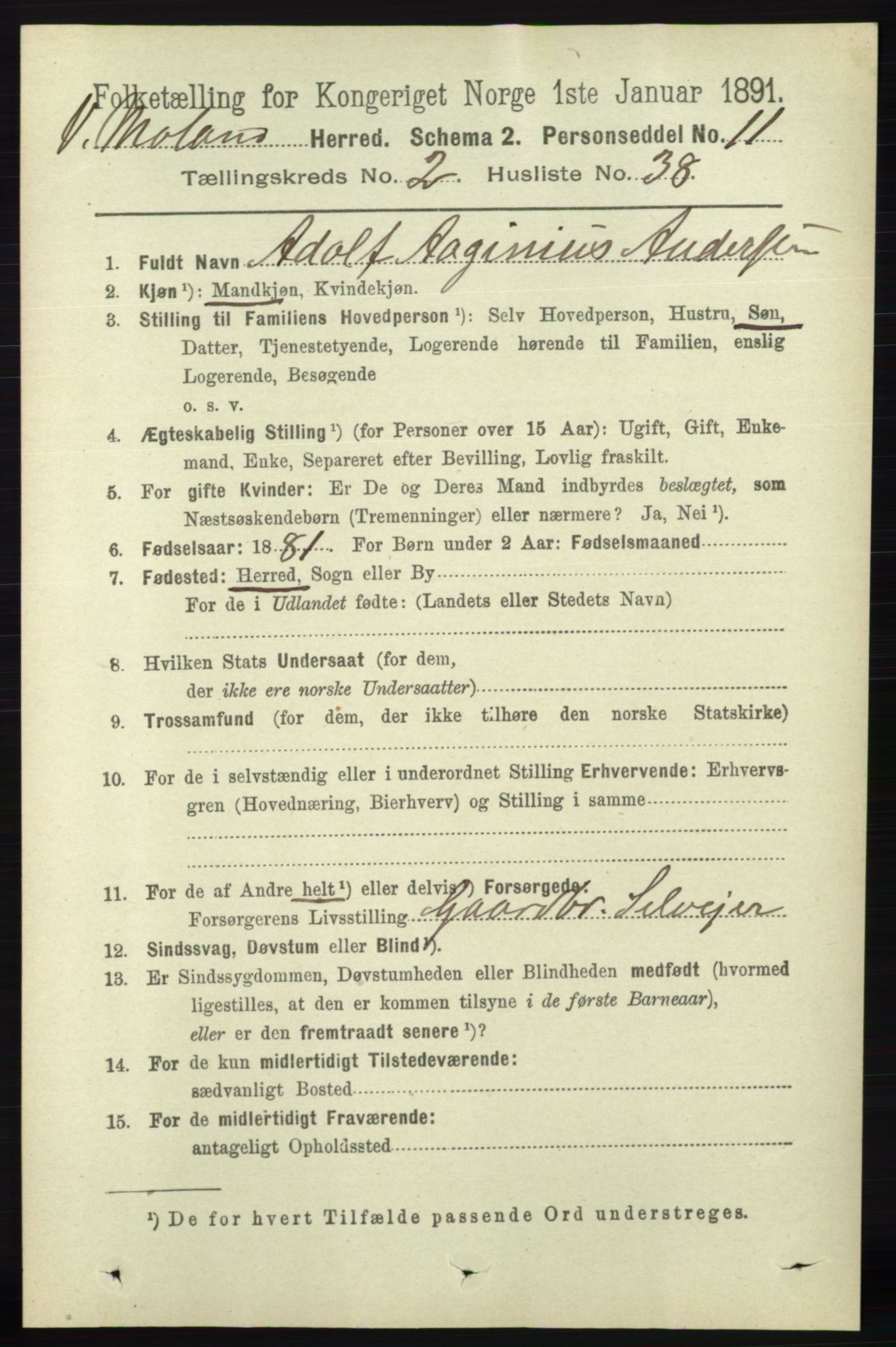 RA, 1891 census for 0926 Vestre Moland, 1891, p. 818