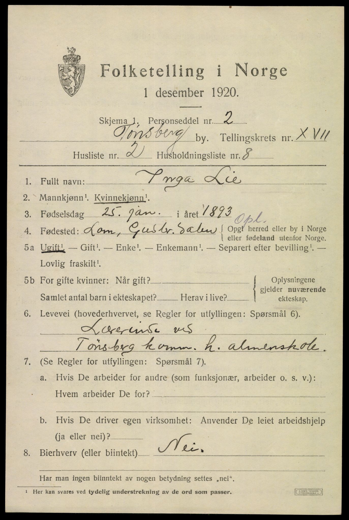 SAKO, 1920 census for Tønsberg, 1920, p. 25821