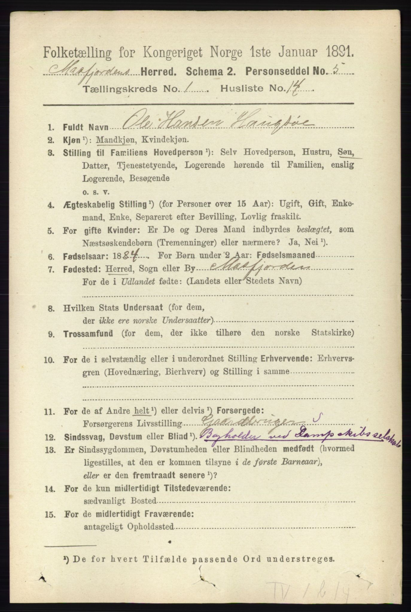 RA, 1891 census for 1266 Masfjorden, 1891, p. 137