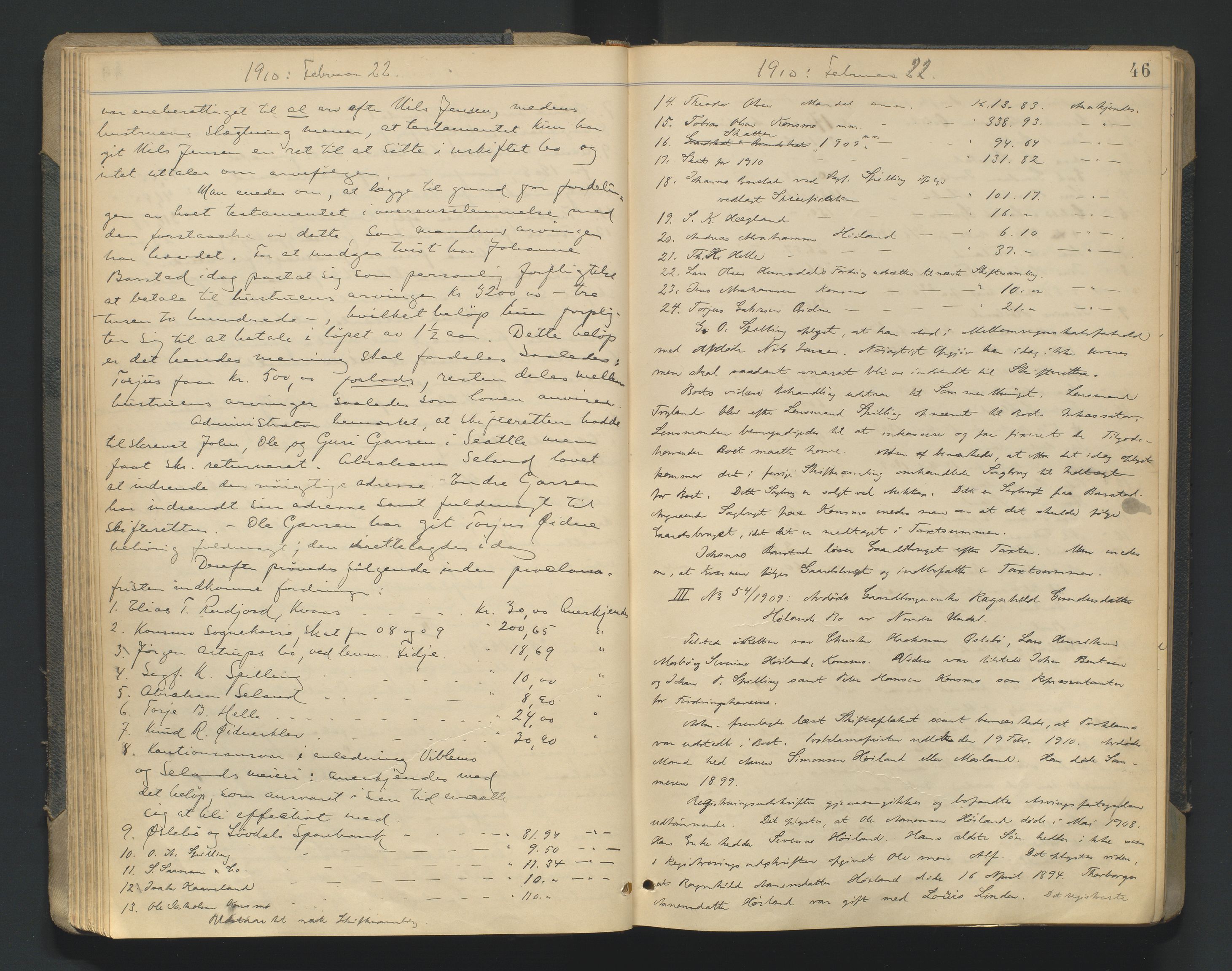 Mandal sorenskriveri, AV/SAK-1221-0005/001/H/Hc/L0081: Skifteforhandlingsprotokoll nr 13, 1909-1913, p. 46