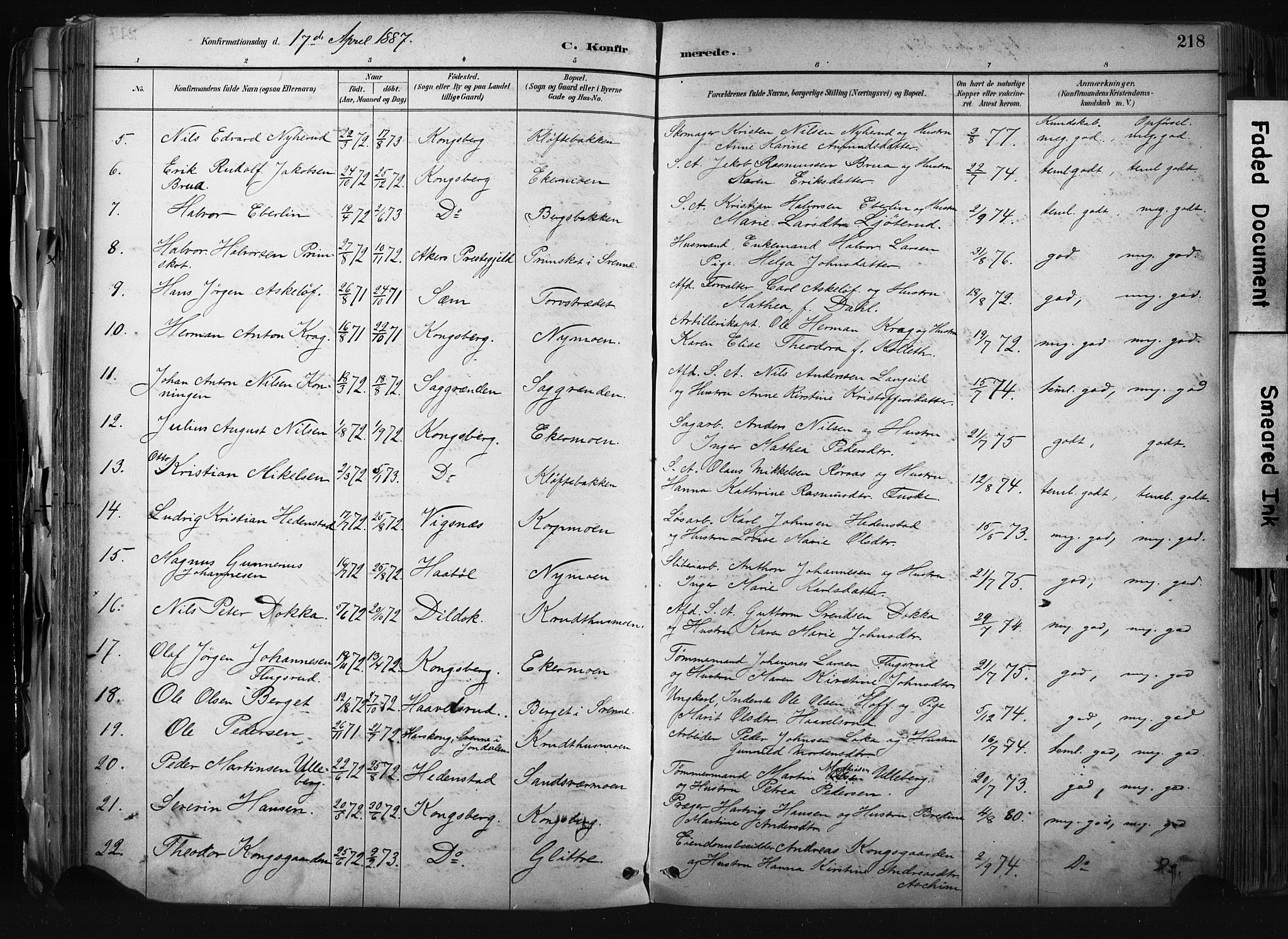 Kongsberg kirkebøker, SAKO/A-22/F/Fb/L0002: Parish register (official) no. II 2, 1886-1896, p. 218