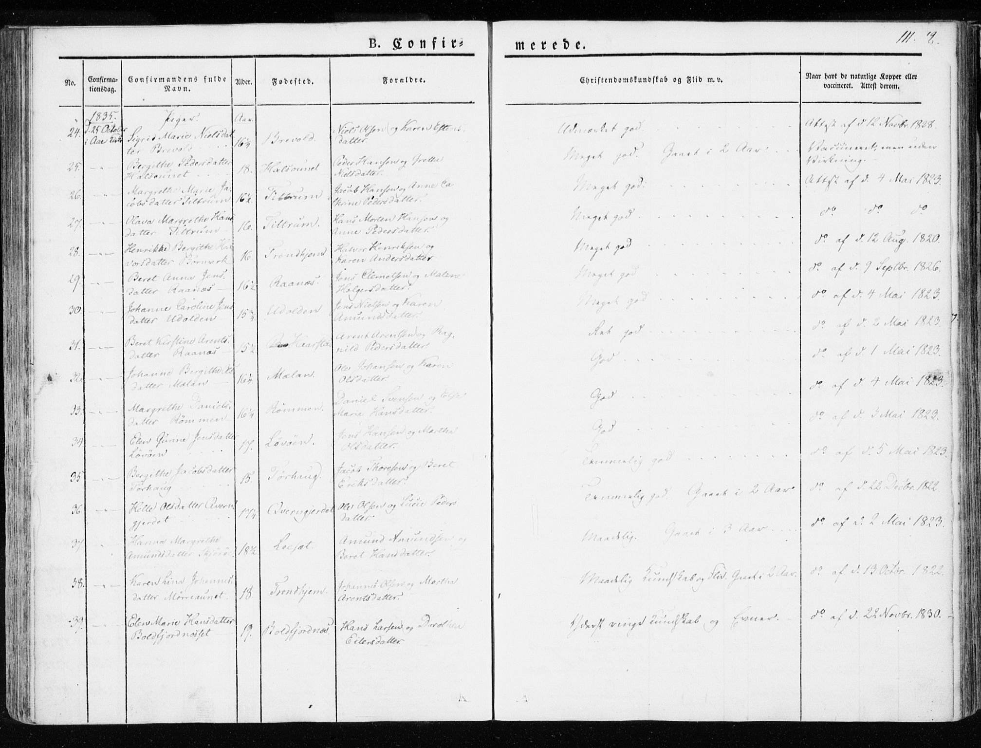 Ministerialprotokoller, klokkerbøker og fødselsregistre - Sør-Trøndelag, SAT/A-1456/655/L0676: Parish register (official) no. 655A05, 1830-1847, p. 111