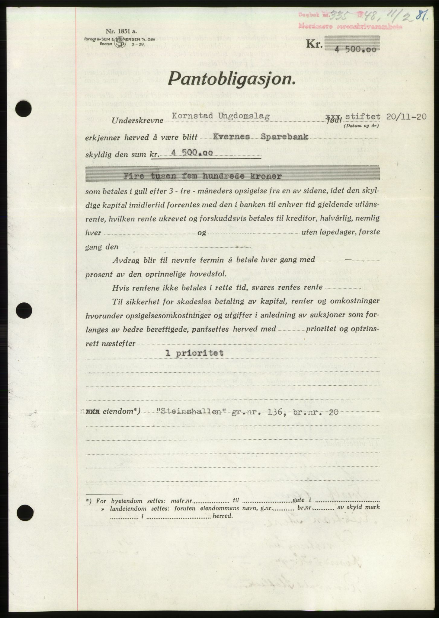 Nordmøre sorenskriveri, AV/SAT-A-4132/1/2/2Ca: Mortgage book no. B98, 1948-1948, Diary no: : 335/1948