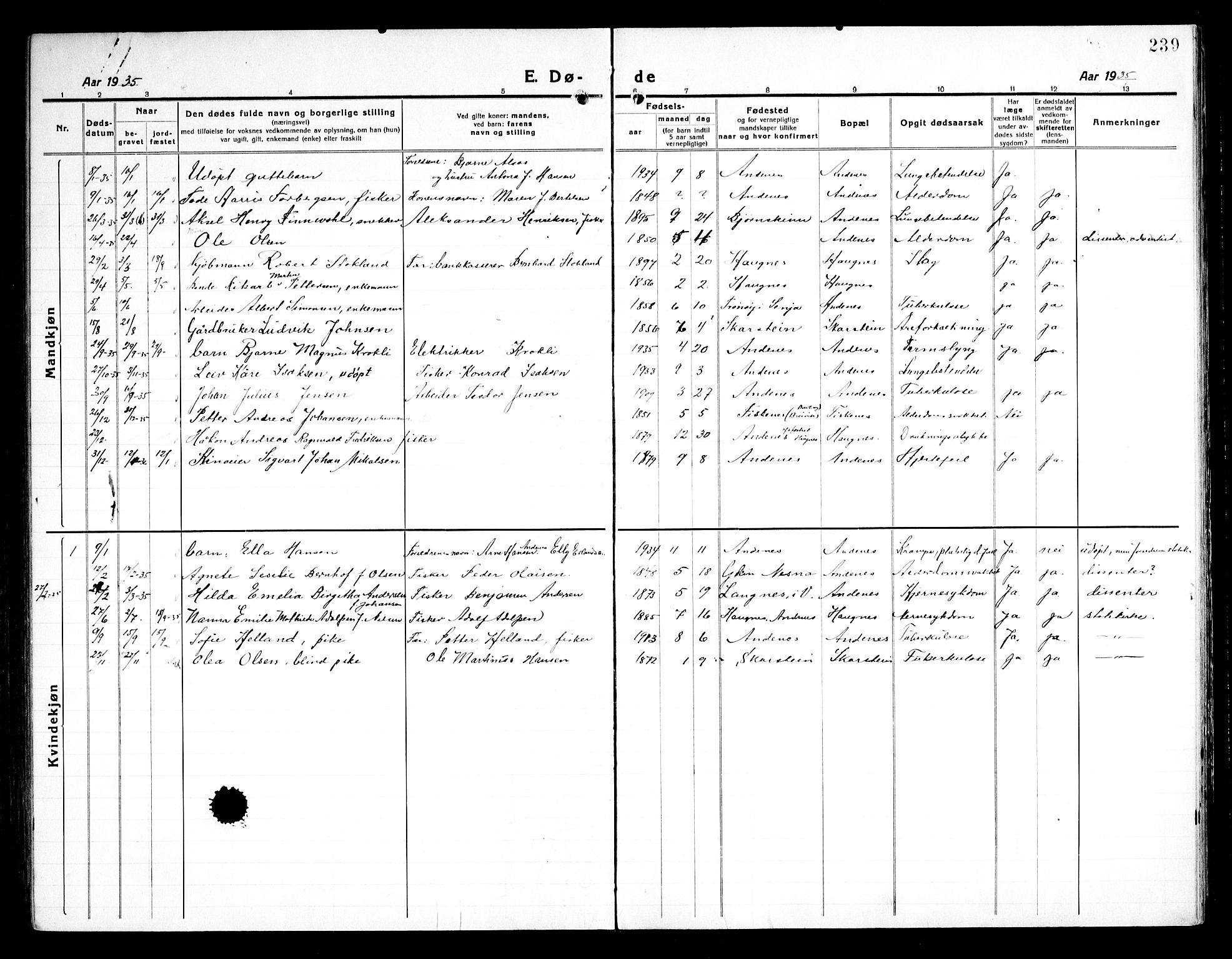 Ministerialprotokoller, klokkerbøker og fødselsregistre - Nordland, AV/SAT-A-1459/899/L1450: Parish register (copy) no. 899C05, 1918-1945, p. 239