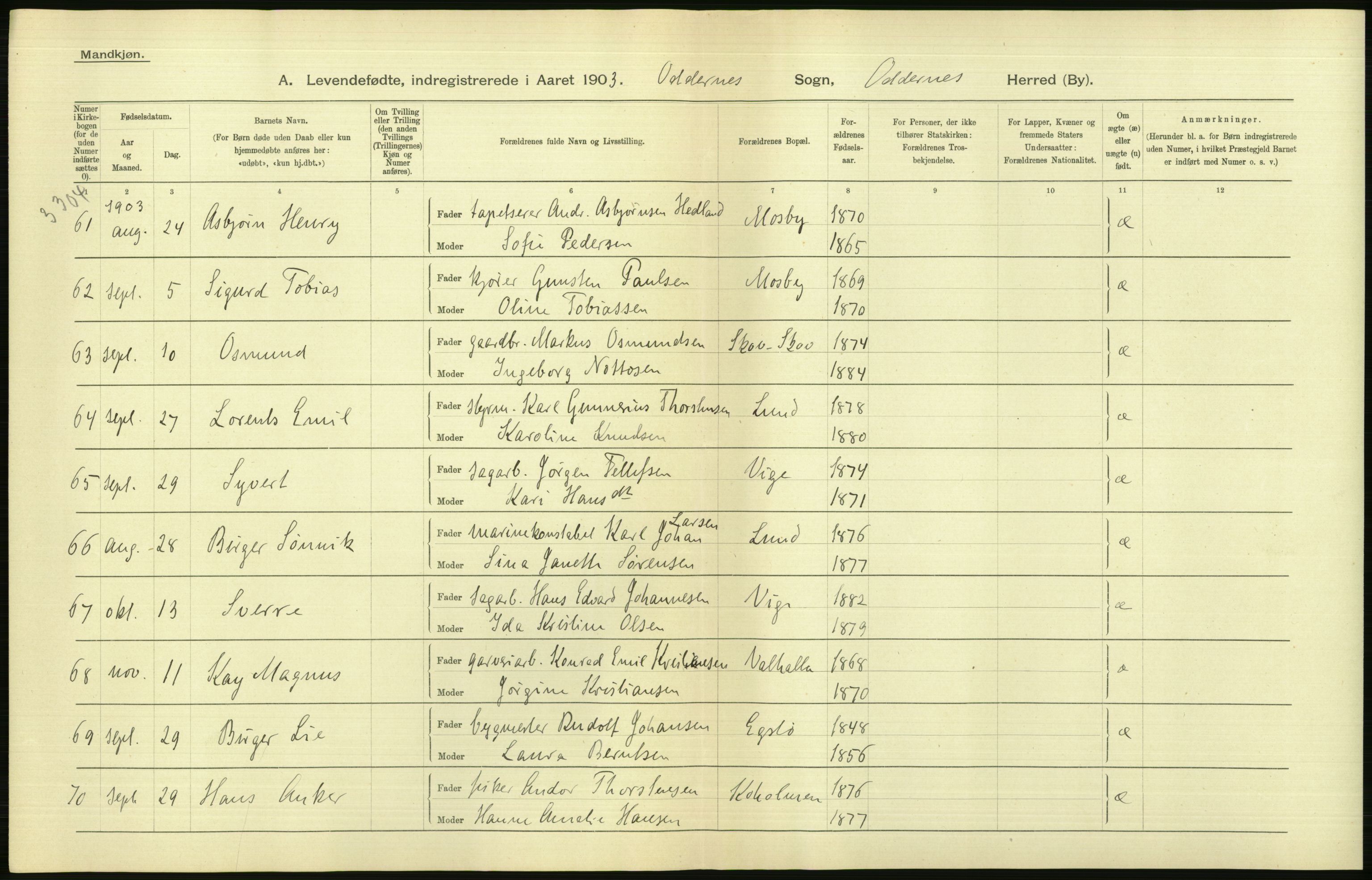 Statistisk sentralbyrå, Sosiodemografiske emner, Befolkning, AV/RA-S-2228/D/Df/Dfa/Dfaa/L0011: Lister og Mandal amt: Fødte, gifte, døde, 1903, p. 182