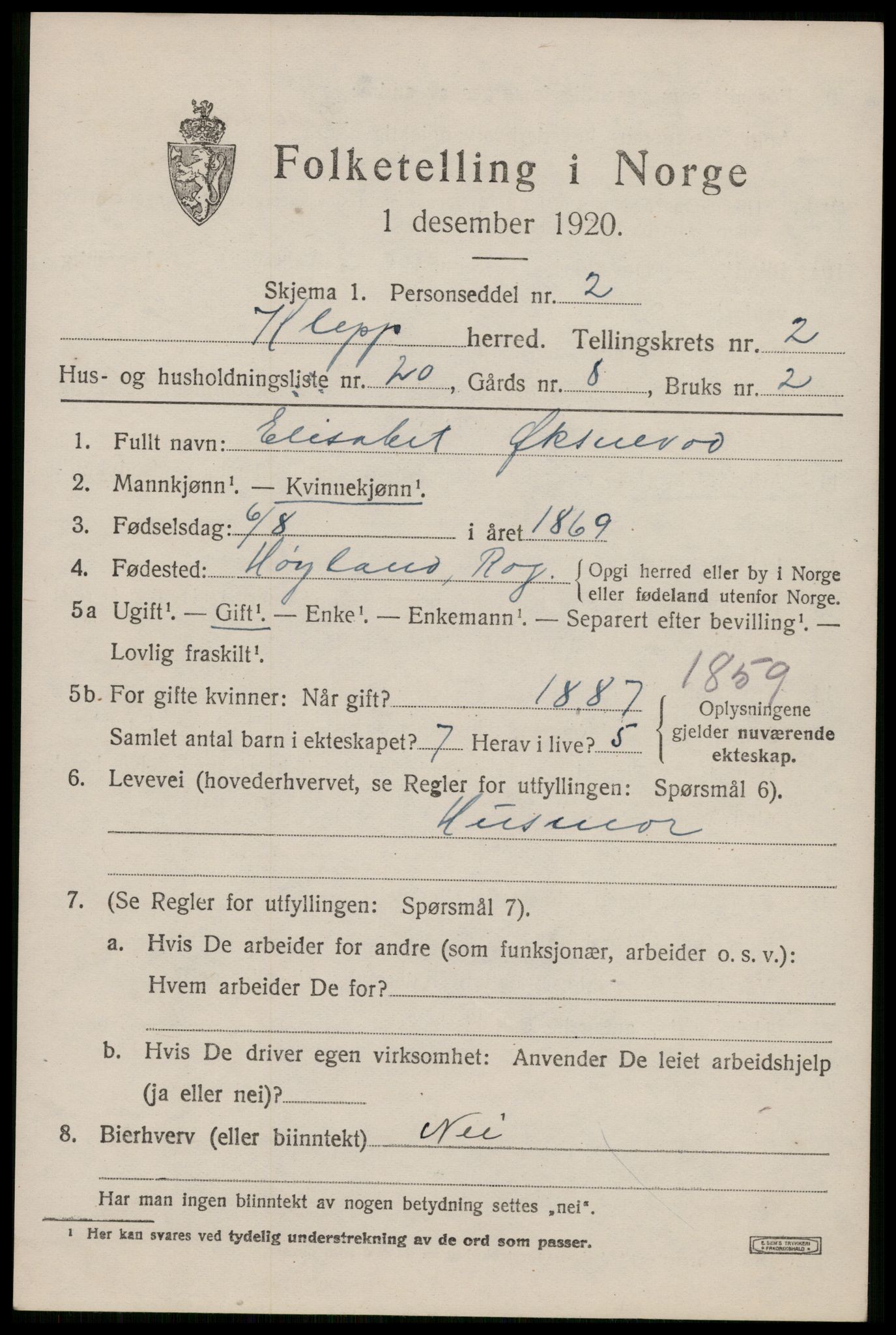 SAST, 1920 census for Klepp, 1920, p. 2774