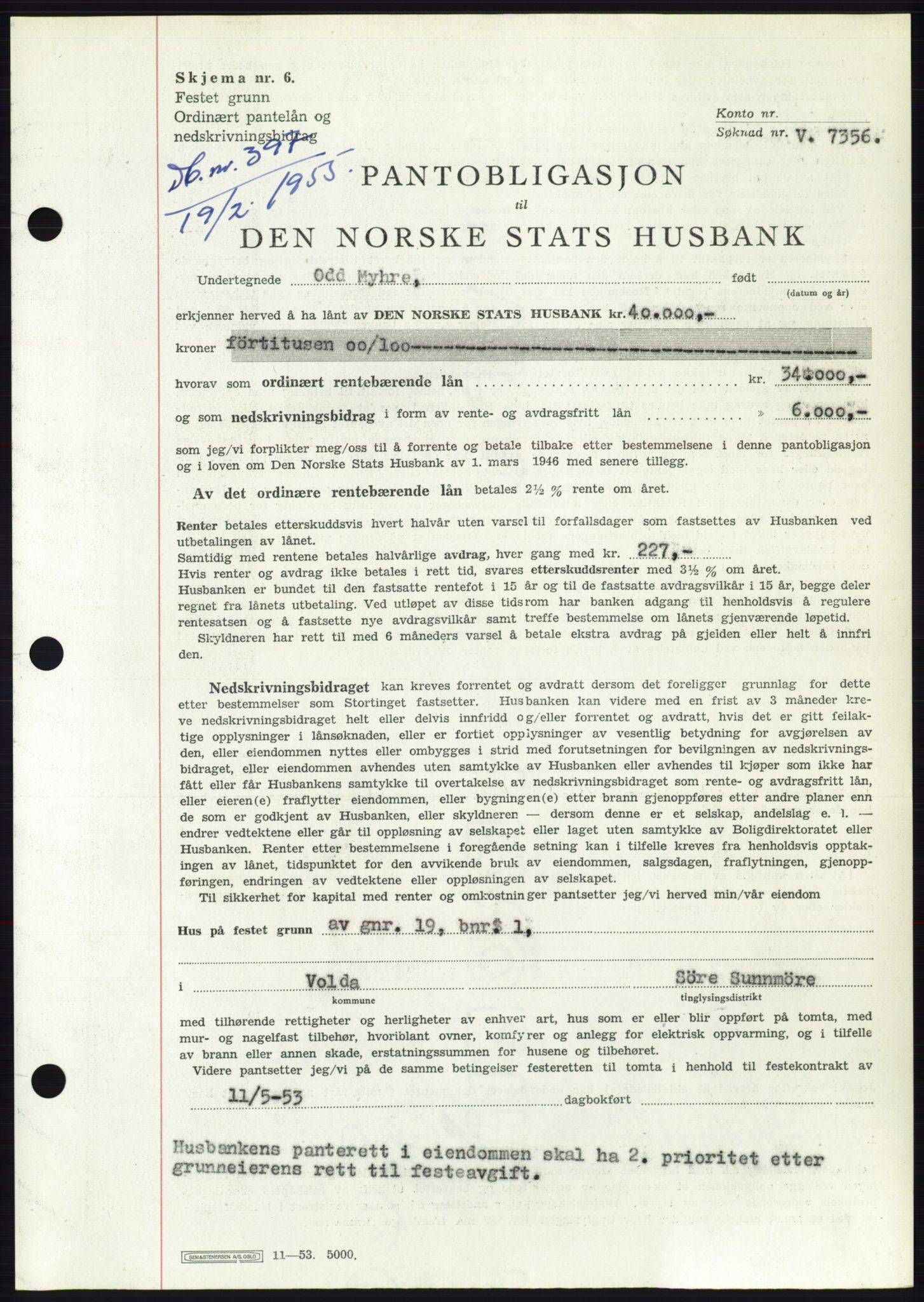 Søre Sunnmøre sorenskriveri, AV/SAT-A-4122/1/2/2C/L0126: Mortgage book no. 14B, 1954-1955, Diary no: : 397/1955