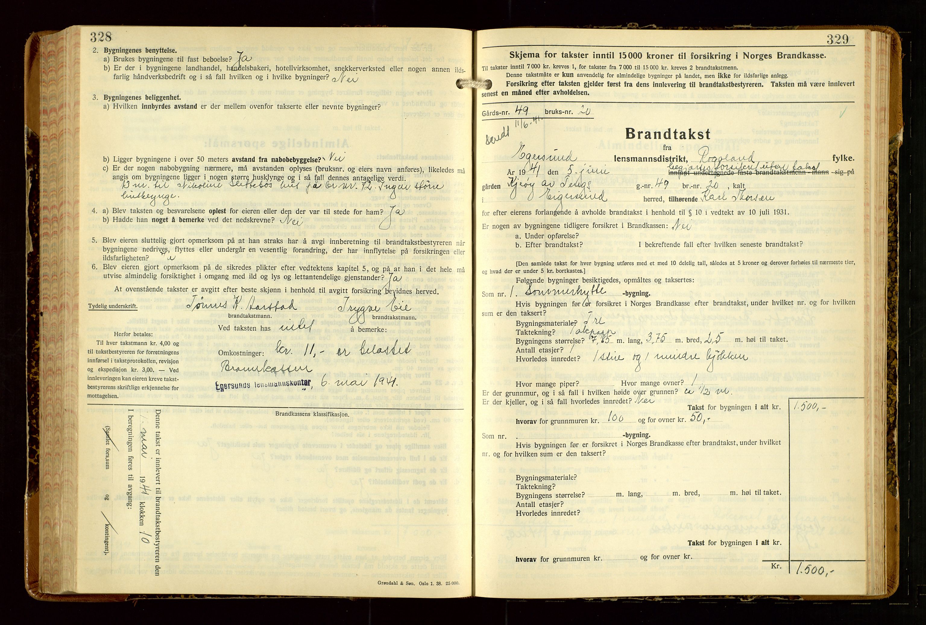 Eigersund lensmannskontor, AV/SAST-A-100171/Gob/L0007: "Brandtakstprotokoll", 1938-1955, p. 328-329