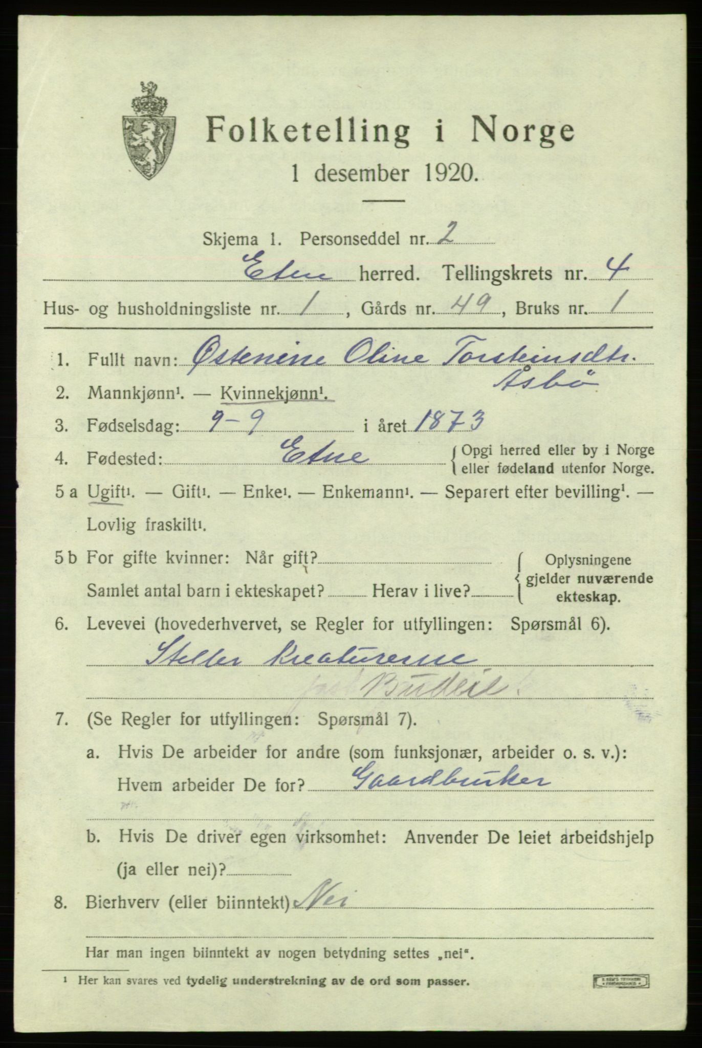 SAB, 1920 census for Etne, 1920, p. 1999