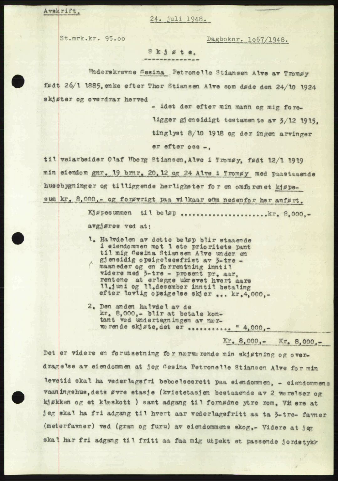 Nedenes sorenskriveri, SAK/1221-0006/G/Gb/Gba/L0059: Mortgage book no. A11, 1948-1948, Diary no: : 1067/1948