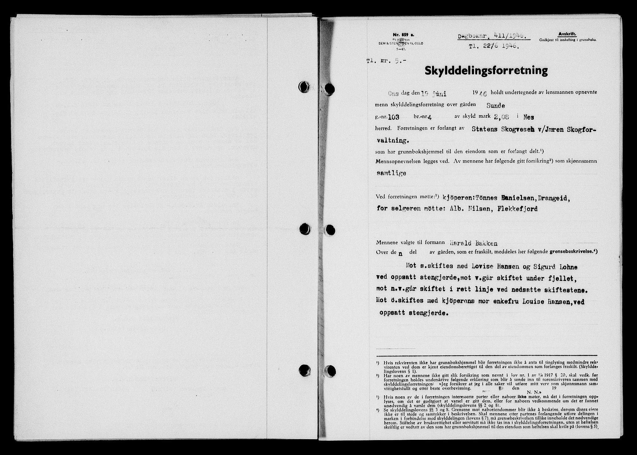 Flekkefjord sorenskriveri, SAK/1221-0001/G/Gb/Gba/L0060: Mortgage book no. A-8, 1945-1946, Diary no: : 411/1946