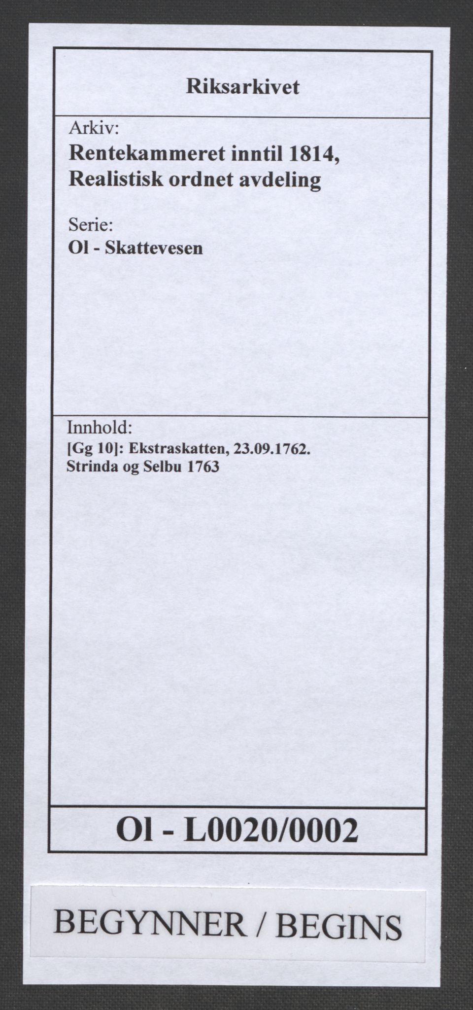Rentekammeret inntil 1814, Realistisk ordnet avdeling, RA/EA-4070/Ol/L0020/0002: [Gg 10]: Ekstraskatten, 23.09.1762. Romsdal, Strinda, Selbu, Inderøy. / Strinda og Selbu, 1763, p. 1
