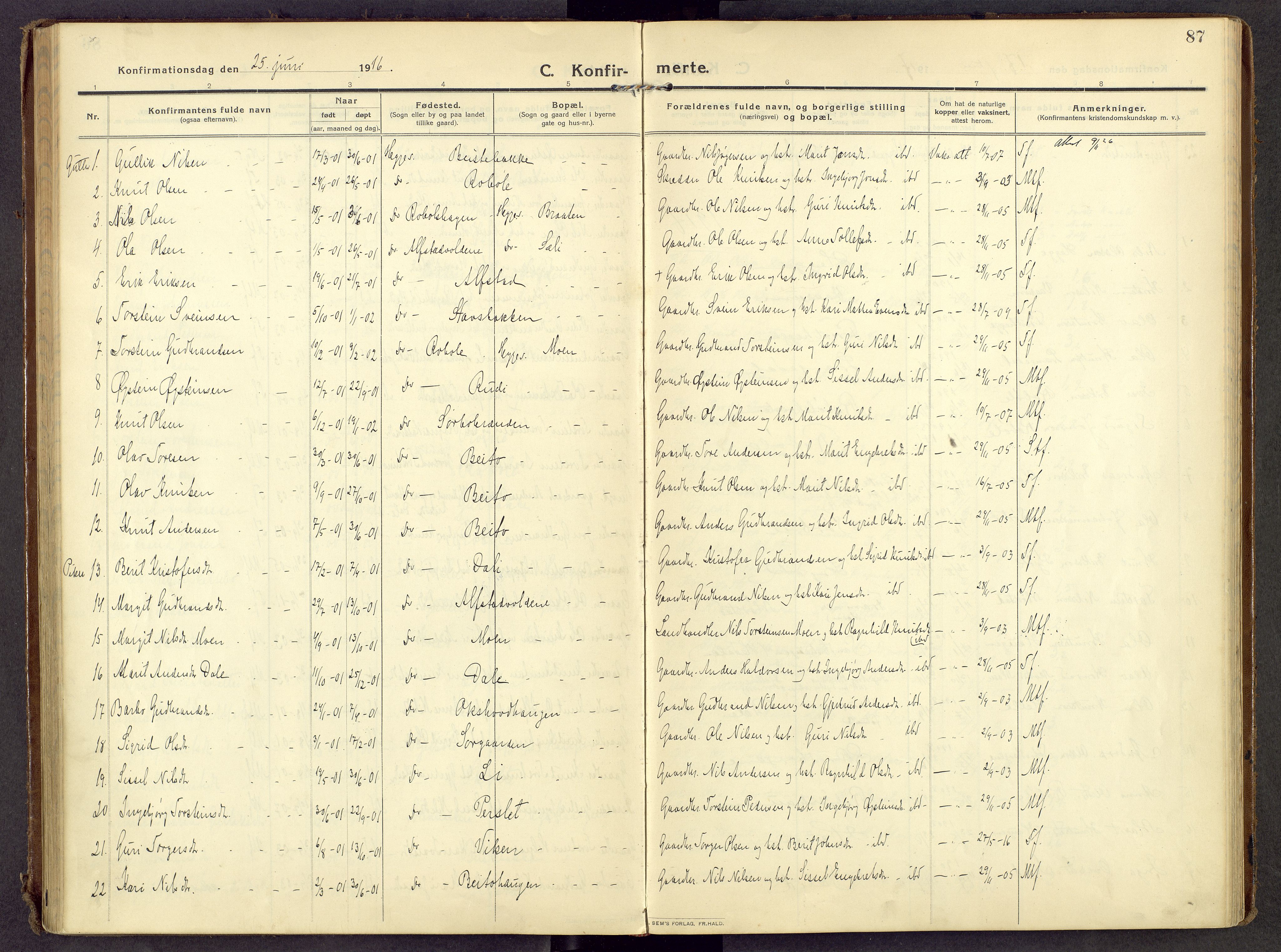 Øystre Slidre prestekontor, AV/SAH-PREST-138/H/Ha/Haa/L0007: Parish register (official) no. 7, 1911-1931, p. 87